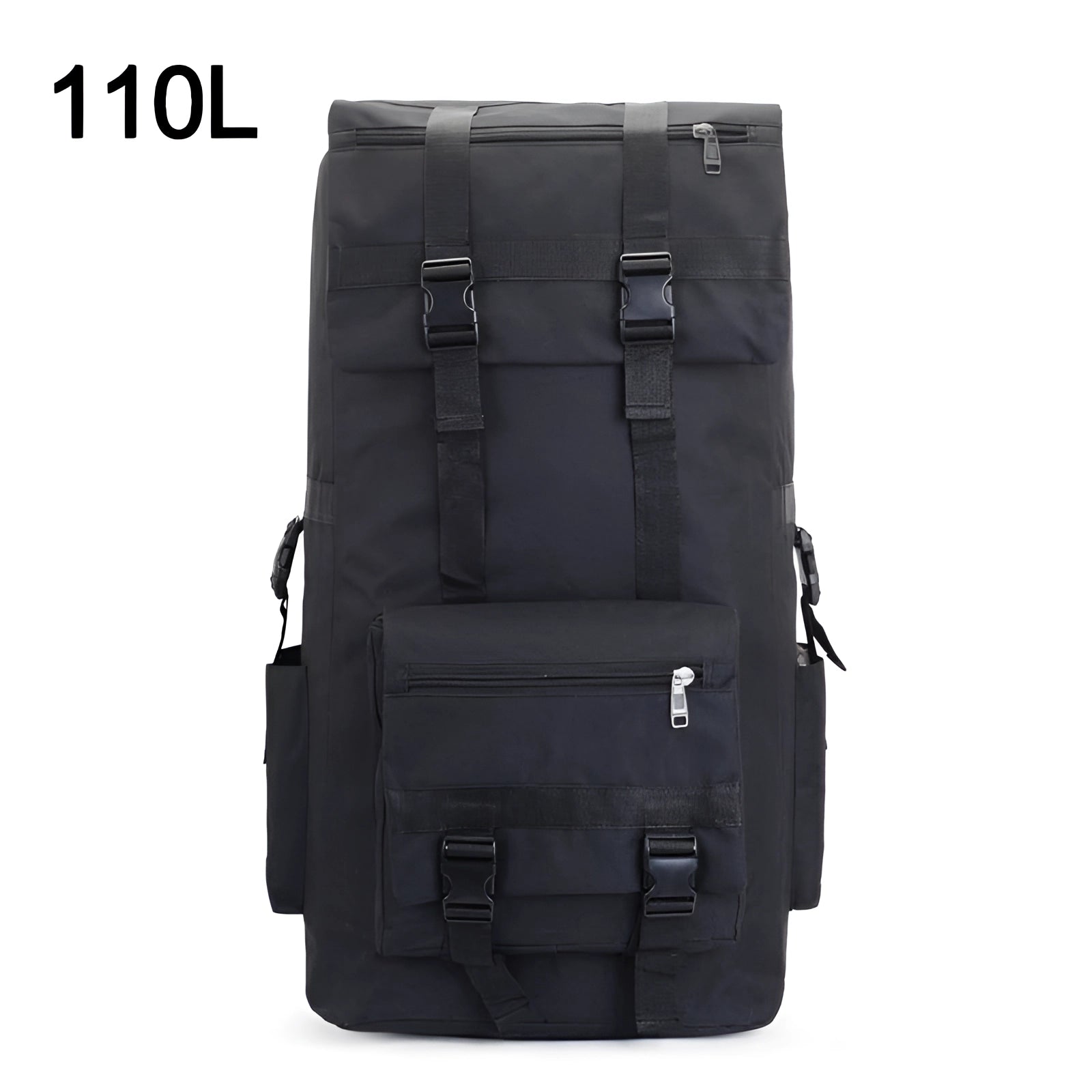 Large capacity black military tactical backpack, 110L, featuring a durable, water-resistant design with multiple compartments and sturdy straps, ideal for travel and outdoor activities.