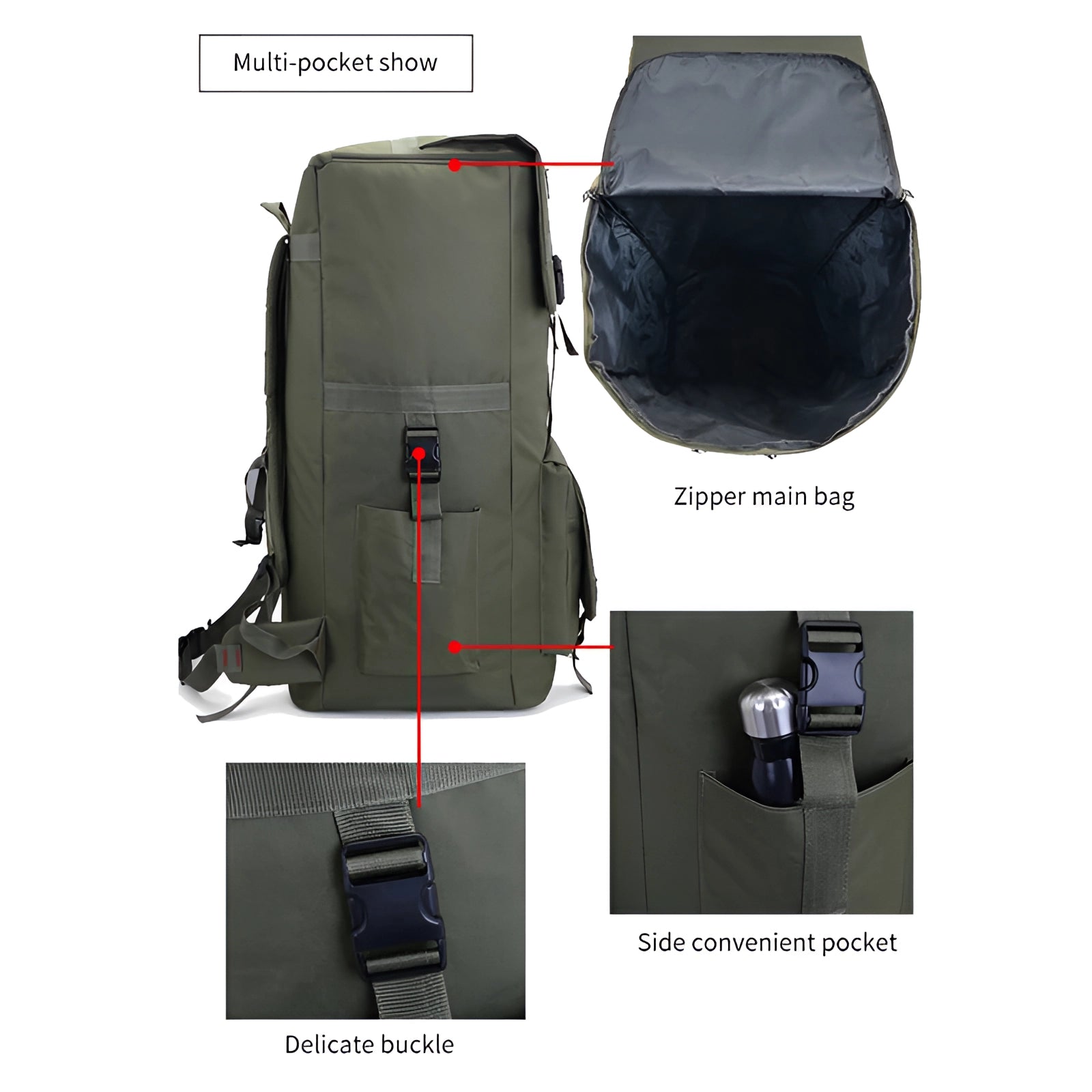 Large capacity military tactical backpack in a durable, water-resistant design, suitable for travel and outdoor activities, featuring multiple compartments and rugged construction.