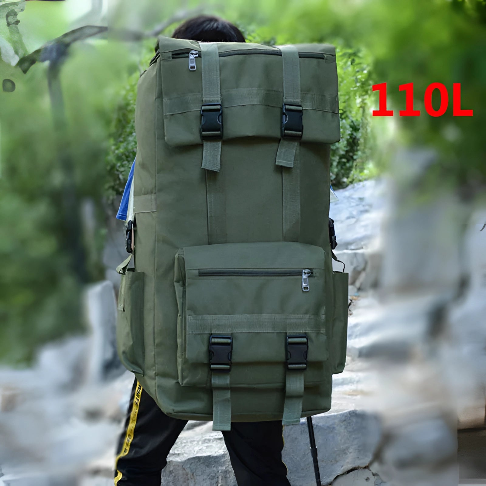 Large capacity military tactical backpack with a camouflage pattern, designed for durability and water resistance, shown alongside a soldier in military uniform wearing a ballistic vest and cargo pants.