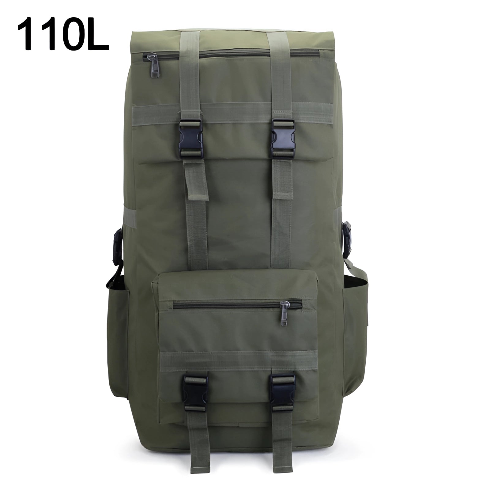 Large capacity military tactical backpack in army green, featuring a durable, water-resistant design with multiple compartments and a rugged rectangular shape.