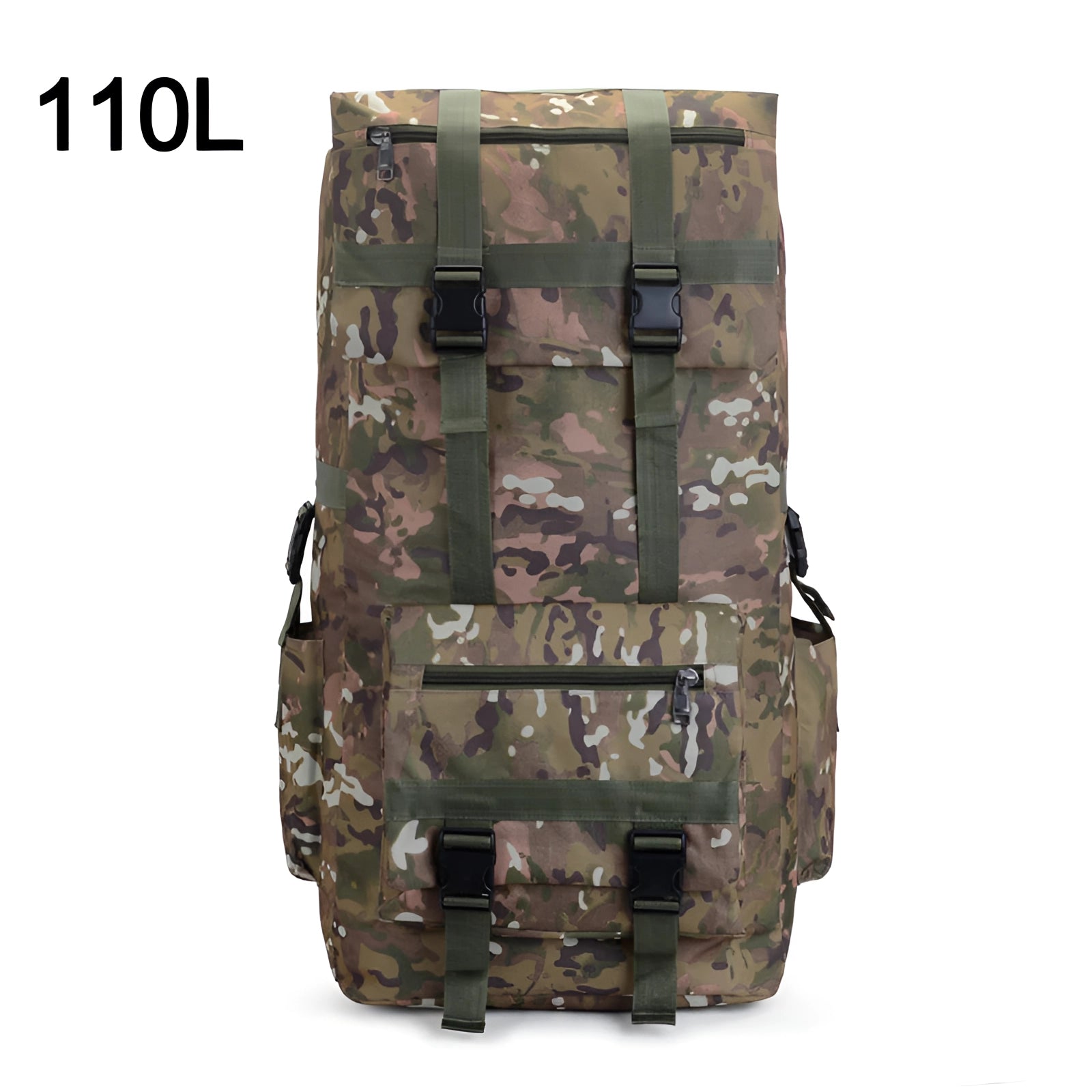 Large capacity military tactical backpack in CP 110L size featuring a brown and beige camouflage pattern, designed with durable water-resistant material, showcasing multiple compartments and sleeves, suitable for outdoor and military use.