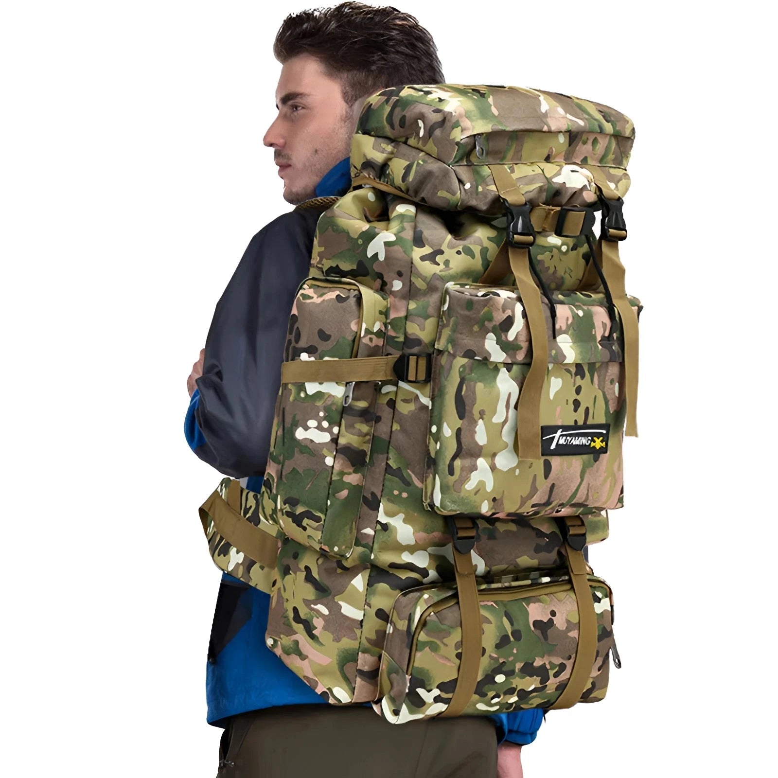 Large multicam tactical backpack in camo pattern designed for outdoor use, featuring durable straps and multiple compartments, suitable for carrying gear and equipment.