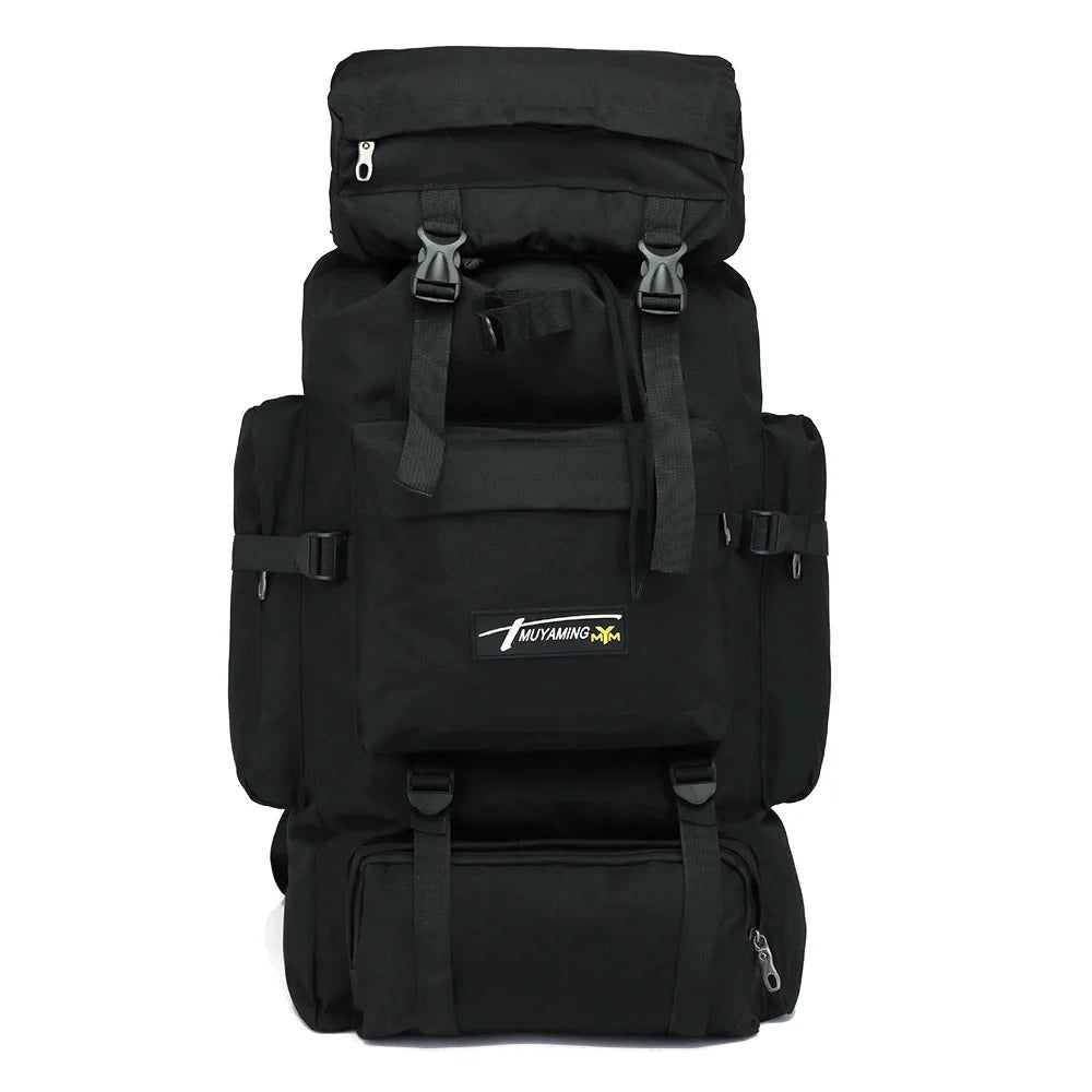 Large black tactical backpack with a 70-liter capacity, featuring a durable camo design suitable for outdoor use.