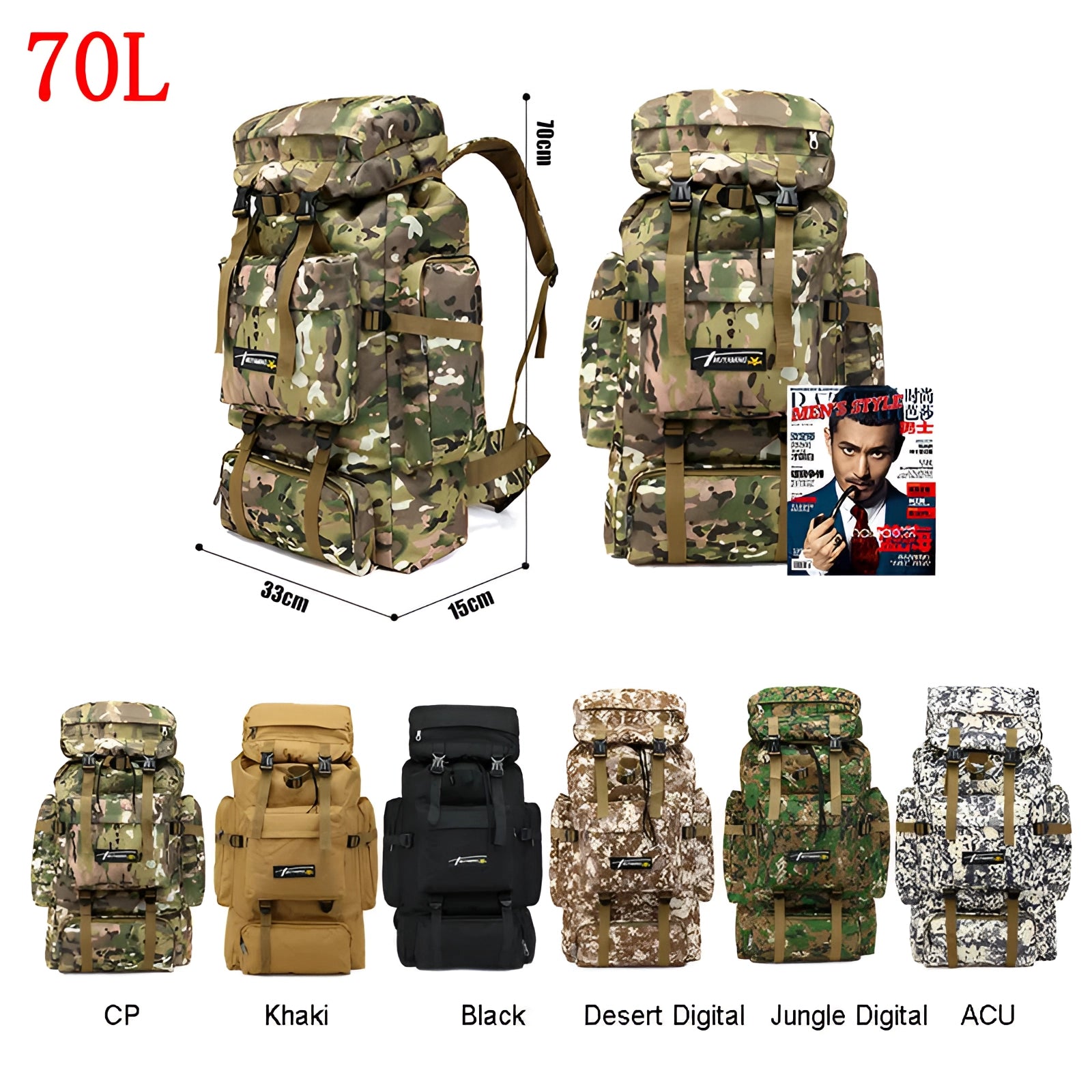 Large Multicam Tactical Backpack in military camouflage pattern, featuring a durable and spacious design ideal for outdoor use, with rectangular shape and multiple compartments.