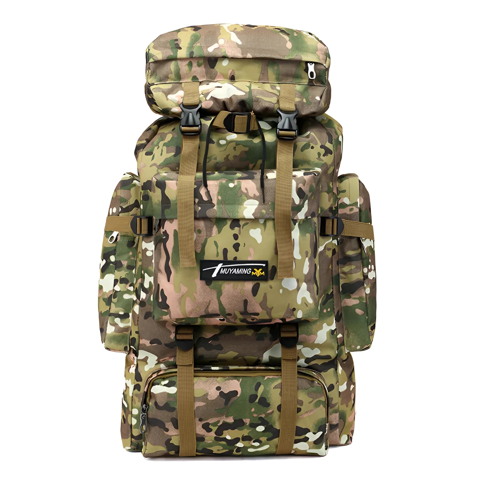 Large 70L CP camouflage tactical backpack with military-style design, featuring a durable camo pattern ideal for outdoor use.