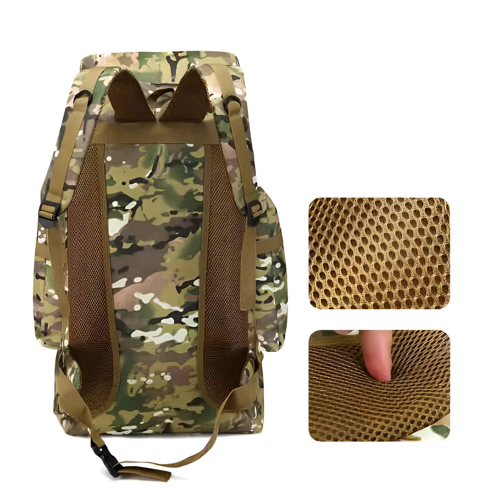 Large Multicam Tactical Backpack featuring a durable camo pattern, military-style design, and rectangular shape, ideal for outdoor use.