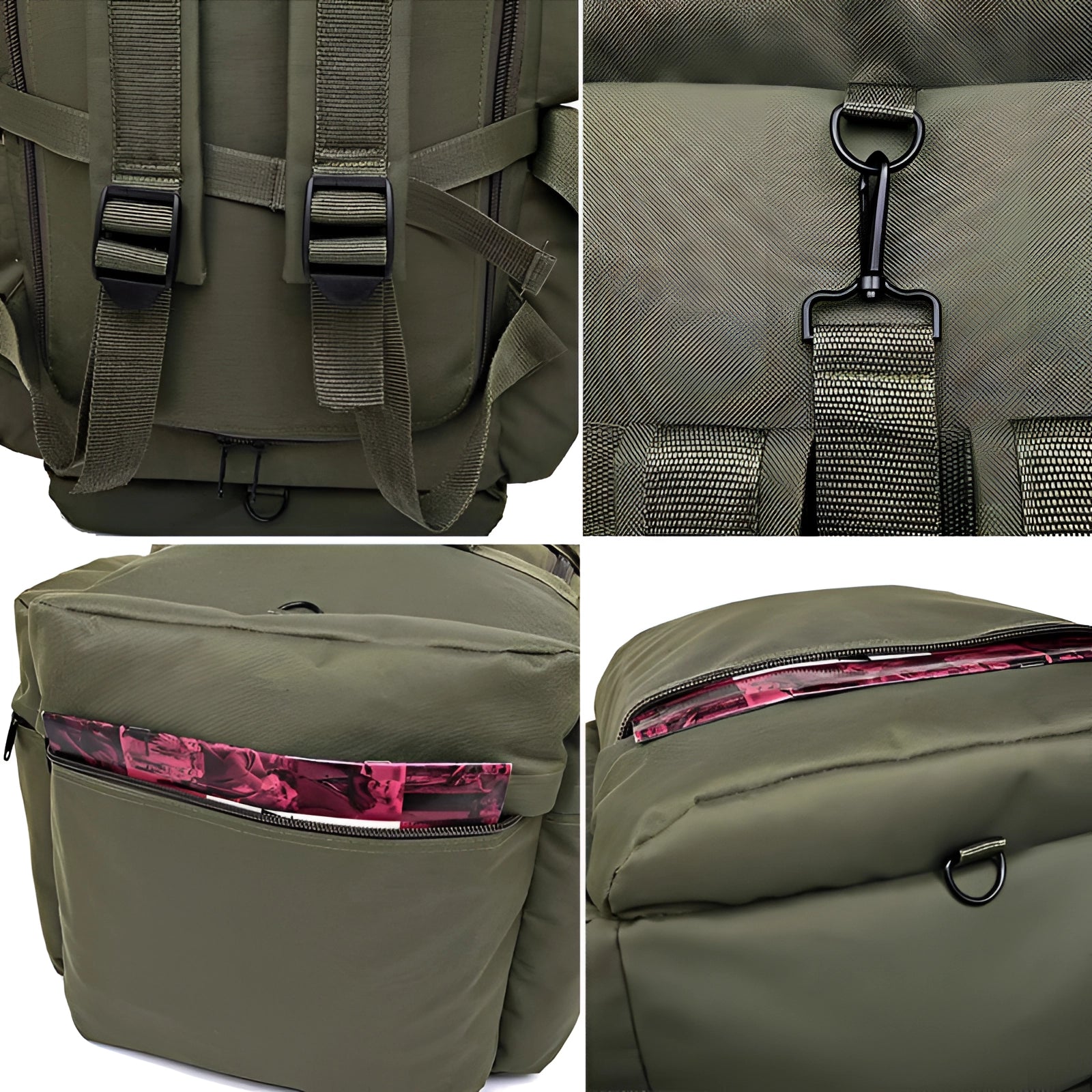 Large olive green expandable military-grade tactical backpack with multiple compartments and adjustable straps, designed for durability and functionality, displayed on a neutral background.