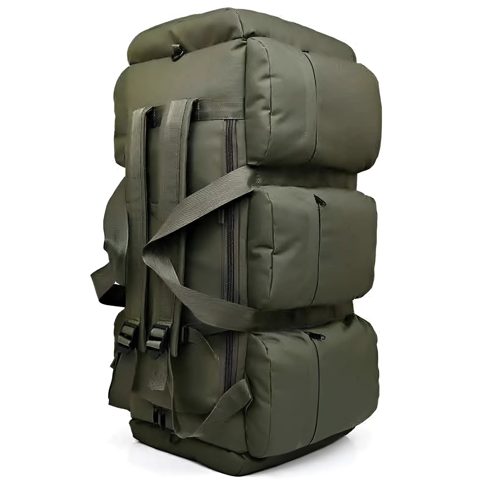 A large olive green expandable military-grade tactical backpack with multiple compartments and sturdy straps for outdoor and tactical use, set against a plain background.