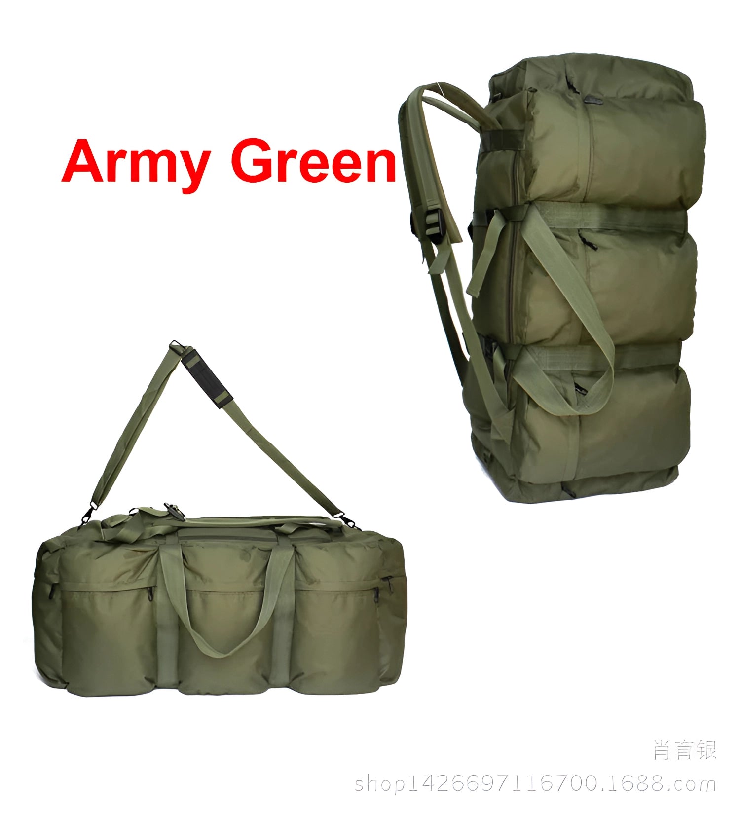 Large olive green expandable military-grade tactical backpack with a 100L capacity, featuring multiple compartments, adjustable straps, and durable buckles, designed for travel and outdoor activities.