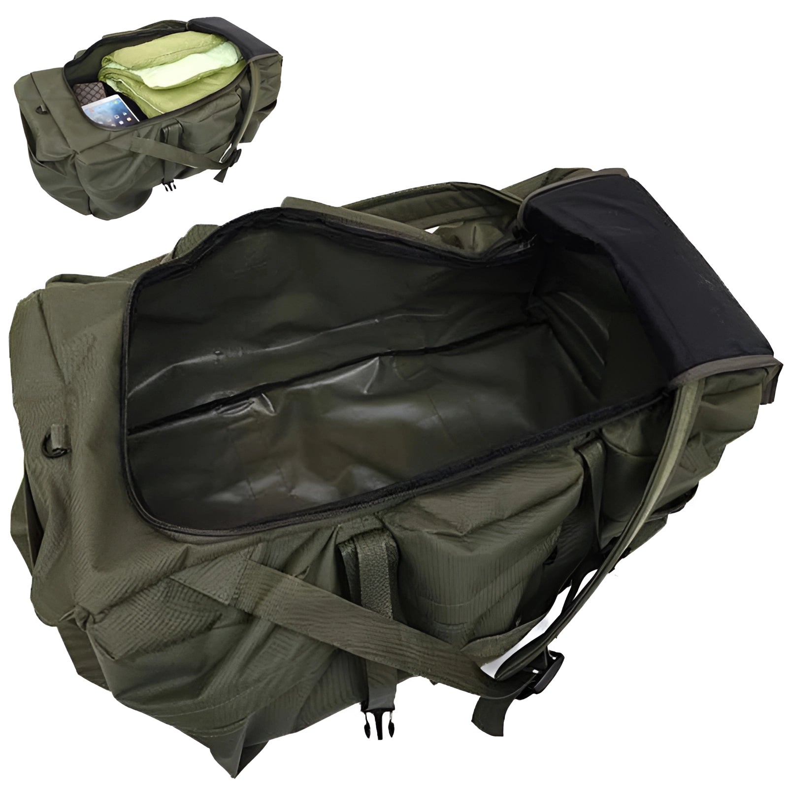 Large olive green expandable military-grade tactical backpack with multiple compartments and sturdy straps, suitable for outdoor and tactical use.