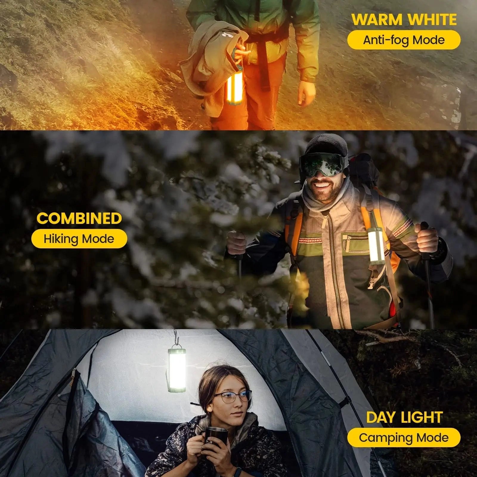 Rechargeable waterproof LED camping lantern lit in darkness, also serves as a power bank for outdoor use.