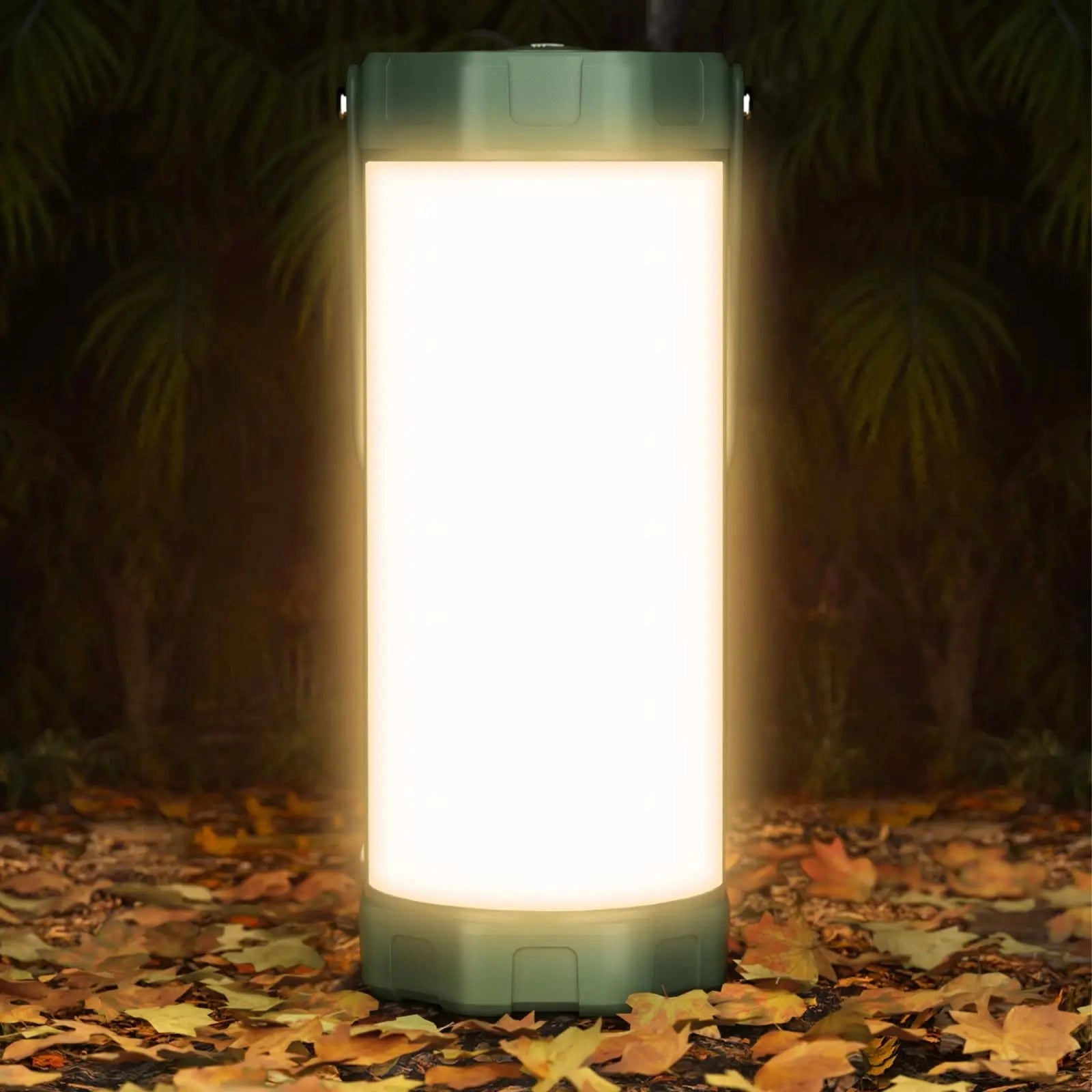 LED camping lantern on a wooden surface with a plant in the background.