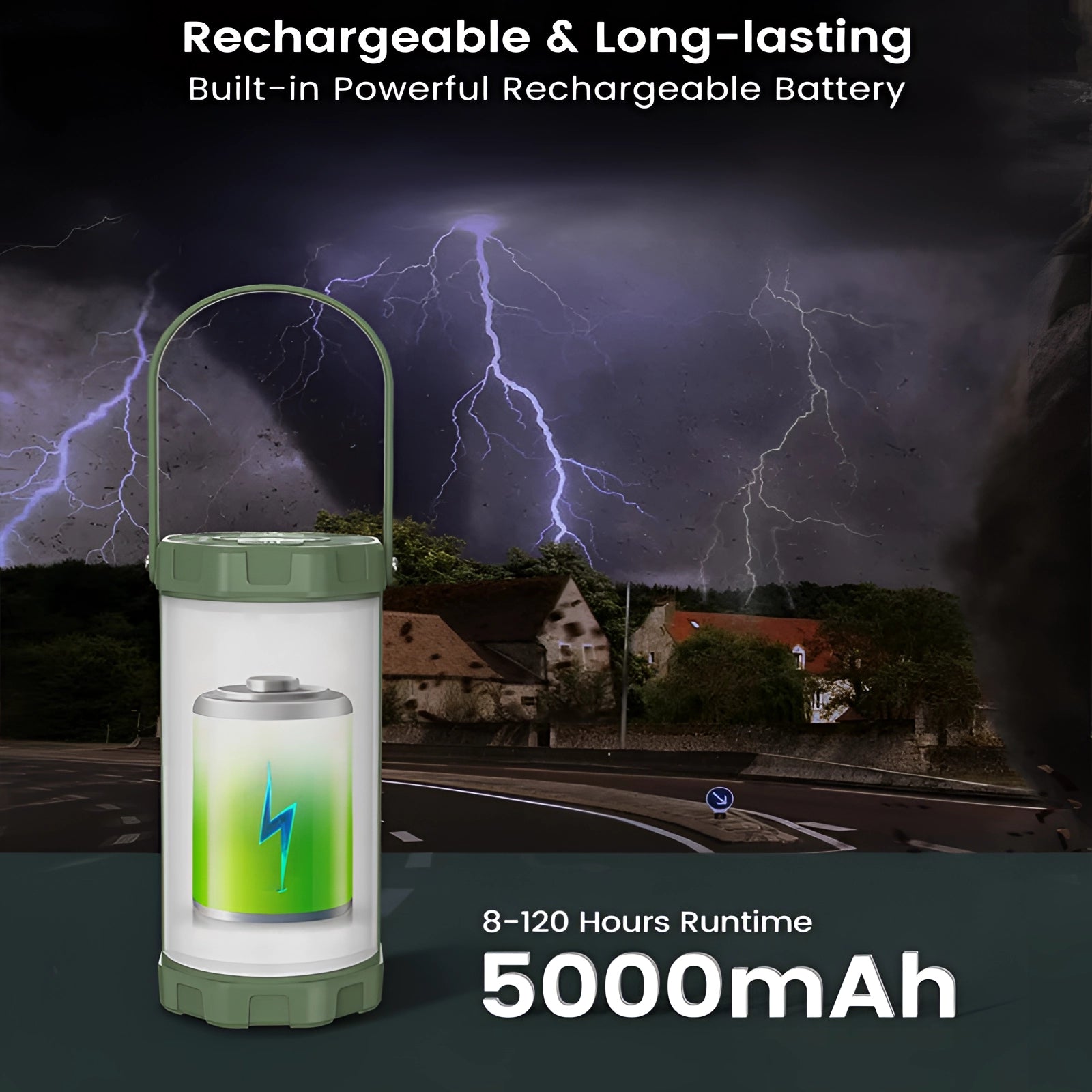 Rechargeable waterproof LED camping lantern and power bank illuminating a dark outdoor setting with lightning and thunderstorm in the background.