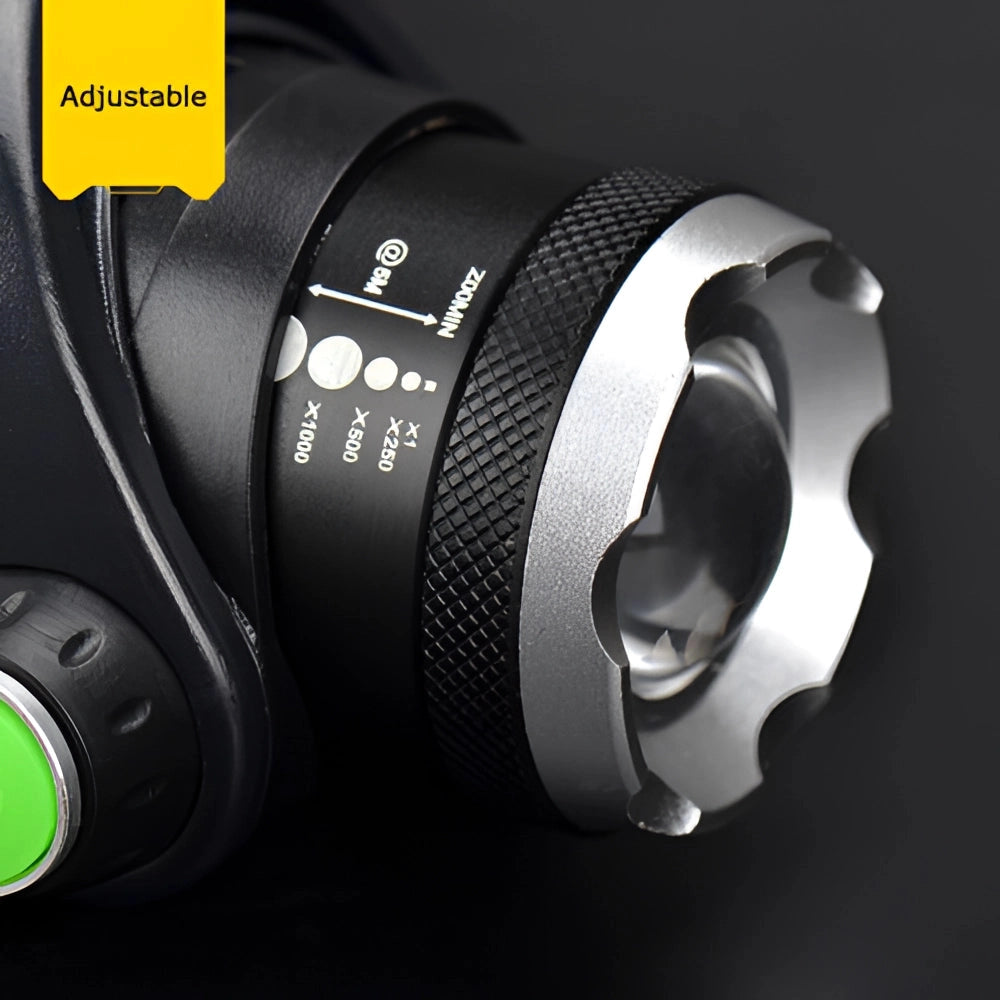 LED headlamp with adjustable strap and high-lumen brightness, waterproof and rechargeable, photographed close-up showing the lens and strap details.