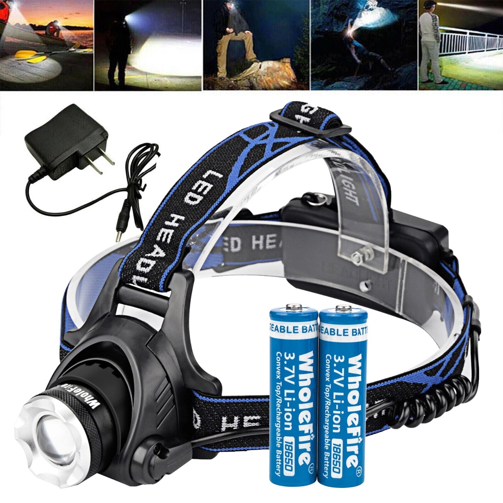 LED headlamp with adjustable strap, waterproof, rechargeable, high-lumen, lightweight design.