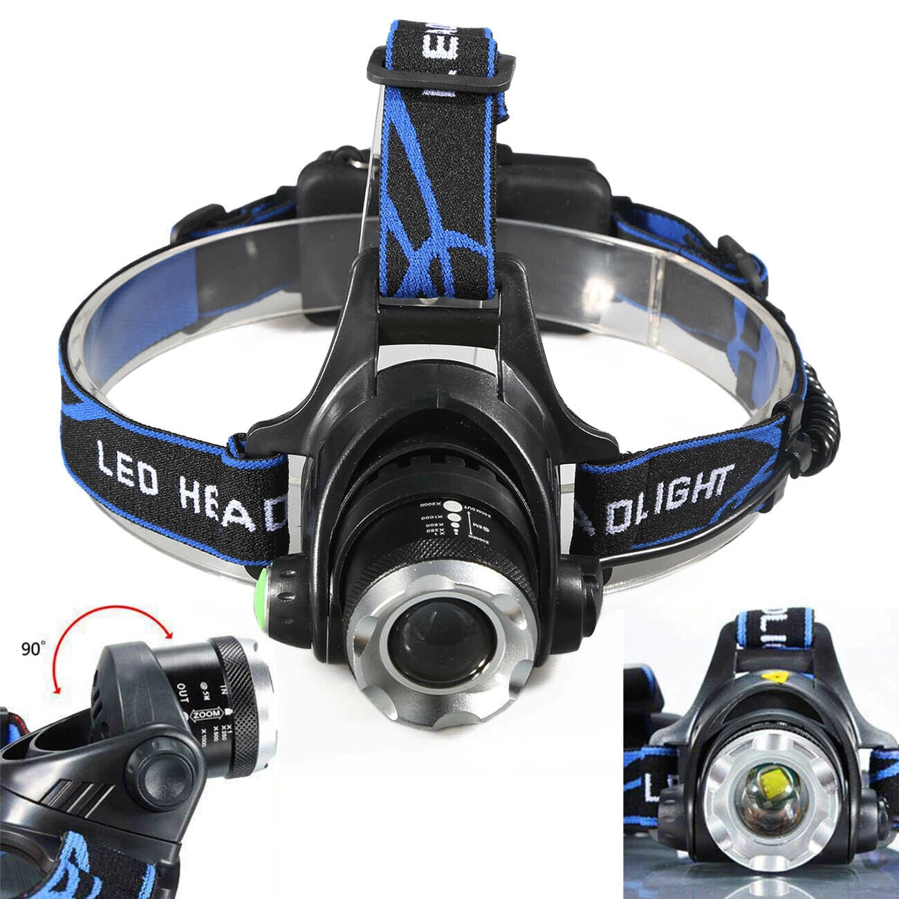 LED headlamp with adjustable strap, waterproof and rechargeable, emitting bright white light, shown on a bicycle tire for scale.