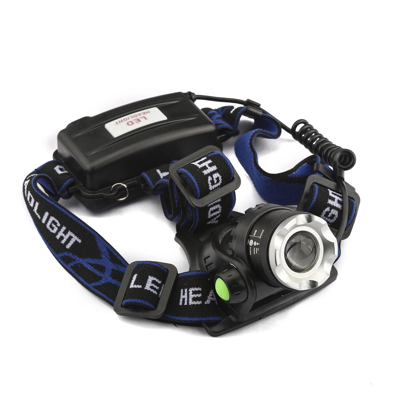 LED headlamp with adjustable strap, waterproof and rechargeable, featuring high-lumen brightness, designed for outdoor activities and personal use.