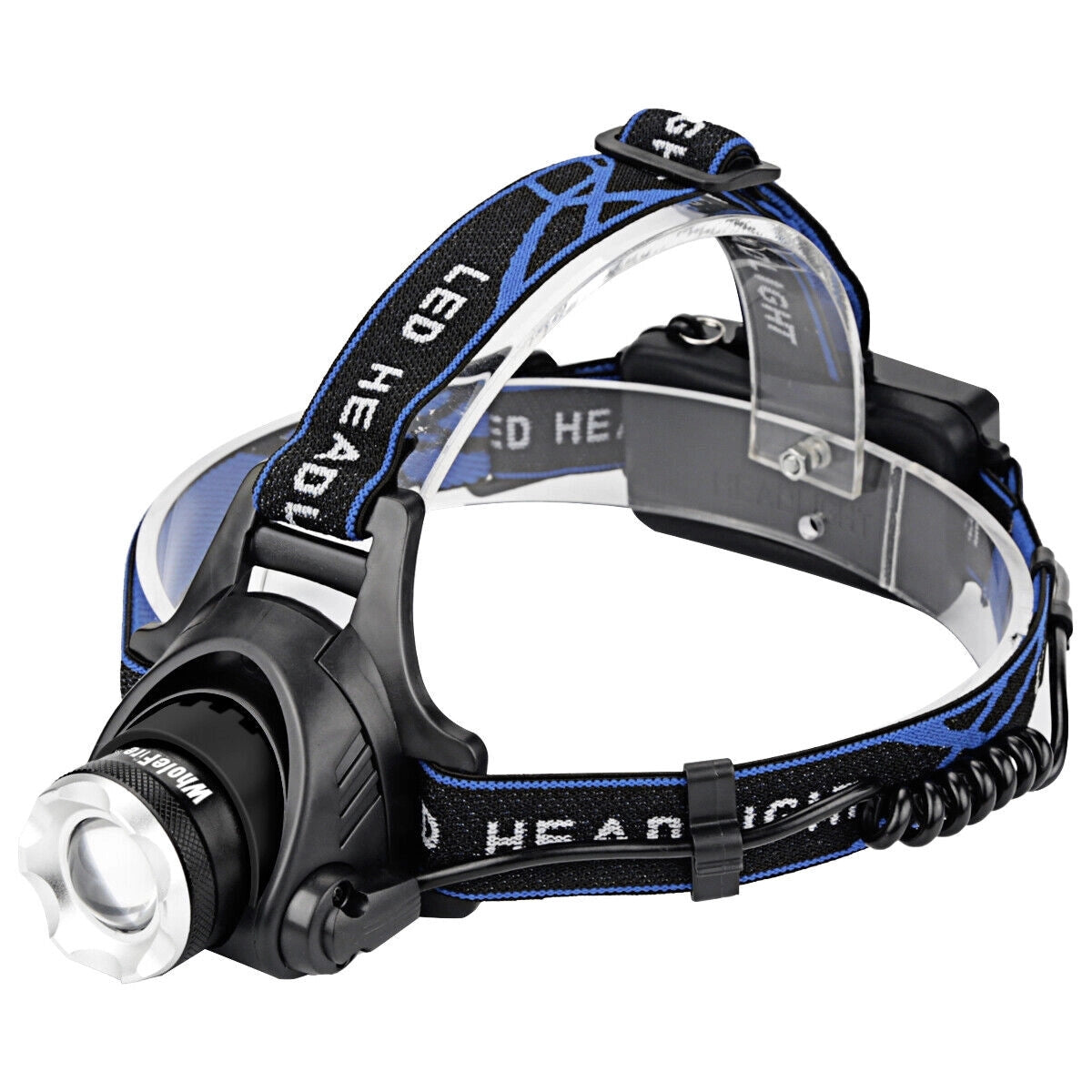 LED headlamp with adjustable strap, rechargeable battery, high-lumen brightness, and waterproof design, displayed in electric blue.