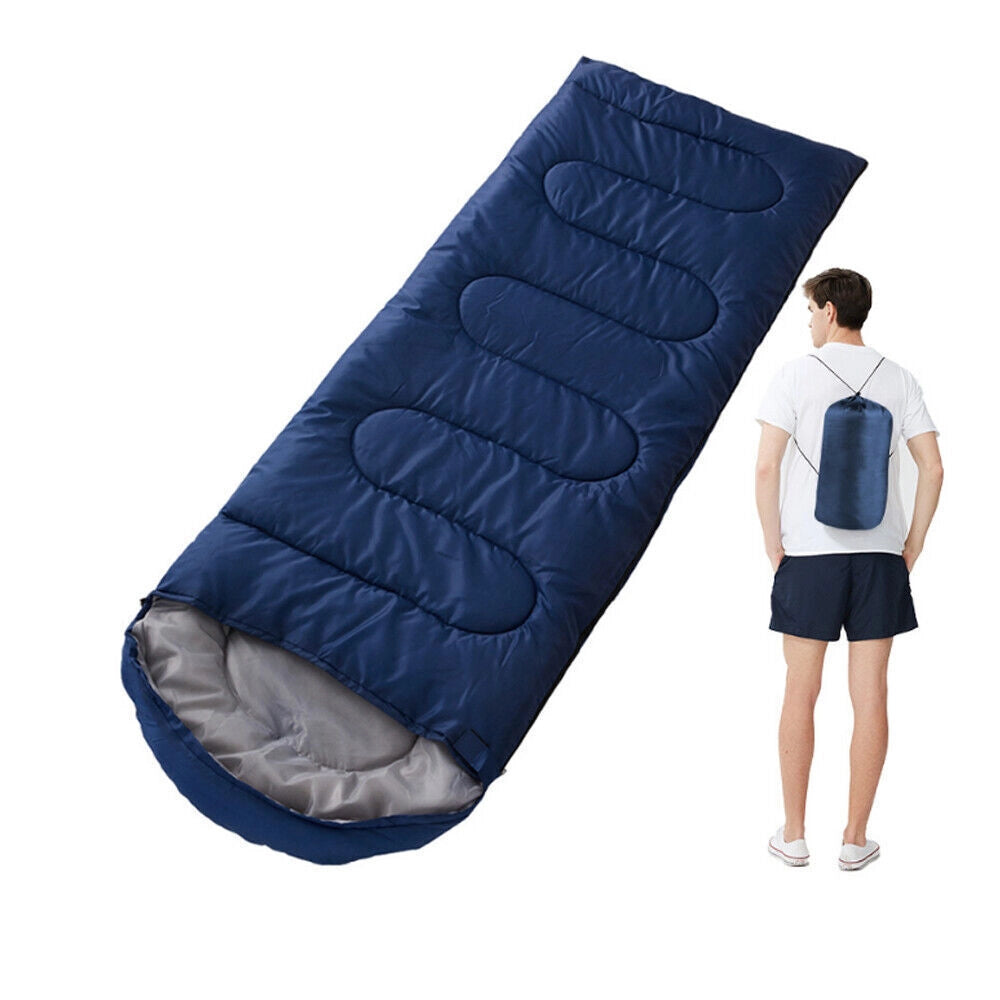 Dark blue lightweight all-season water-resistant camping sleeping bag spread out on the ground.