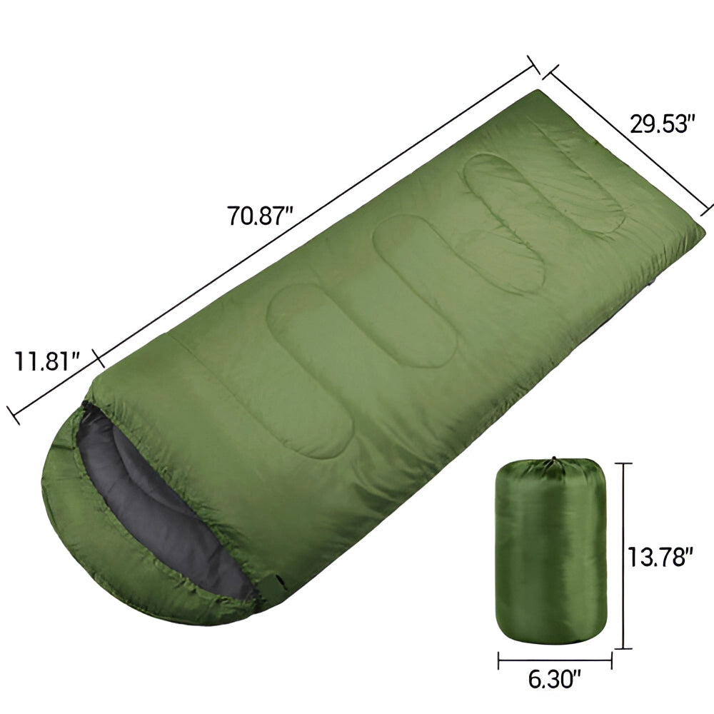 Lightweight all-season water-resistant camping sleeping bag rolled up in a compact, cylindrical shape.