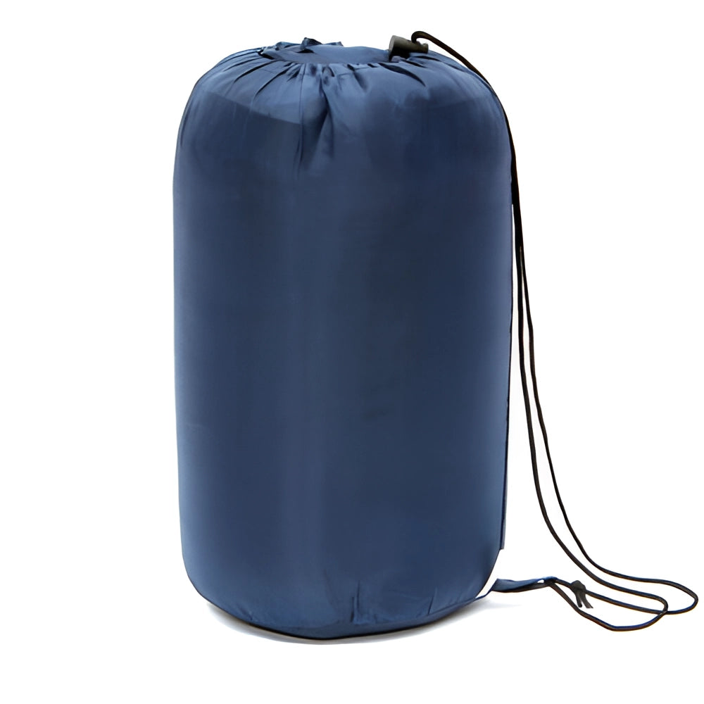 Lightweight all-season water-resistant camping sleeping bag in electric blue, cylindrical shape, displayed against a plain background.