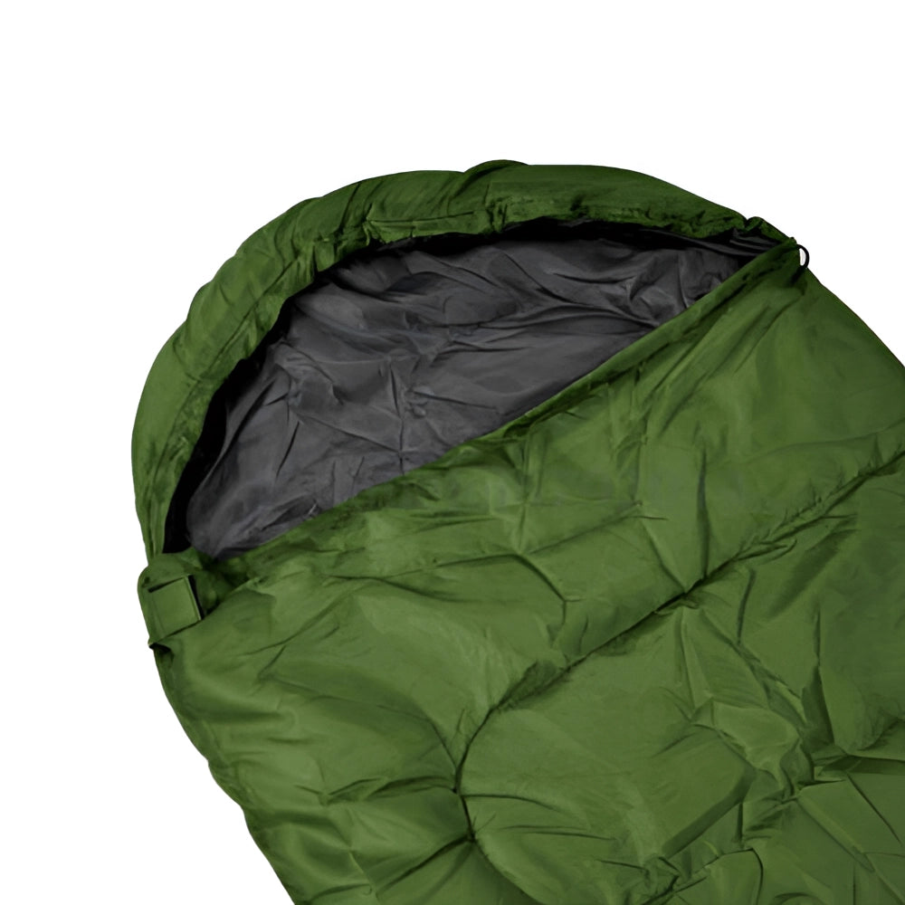 Lightweight all-season water-resistant camping sleeping bag displayed on grass, emphasizing comfort and durability.