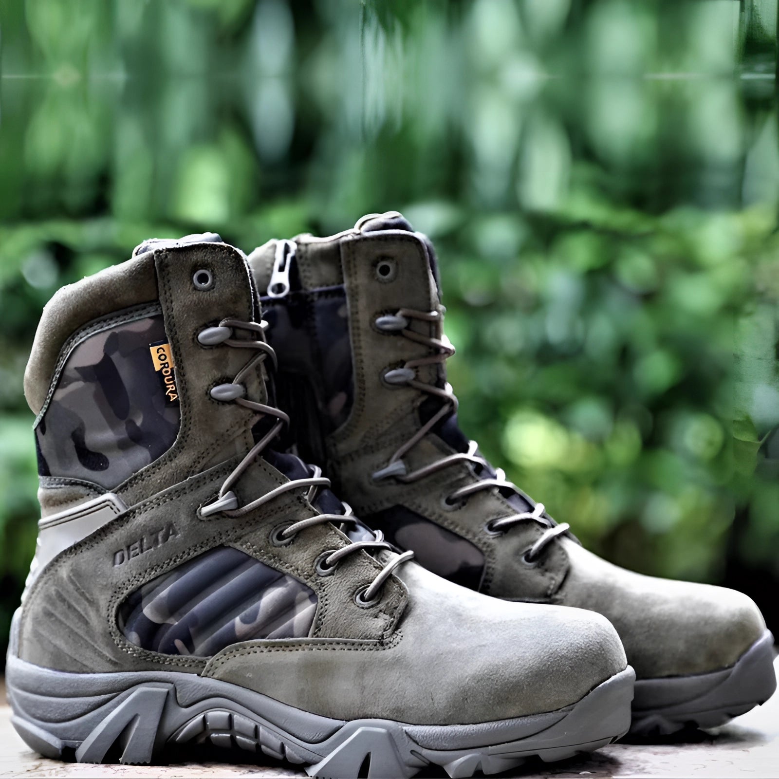 Lightweight beige tactical boots designed for military combat, shown in army green color, size 13, on grass.