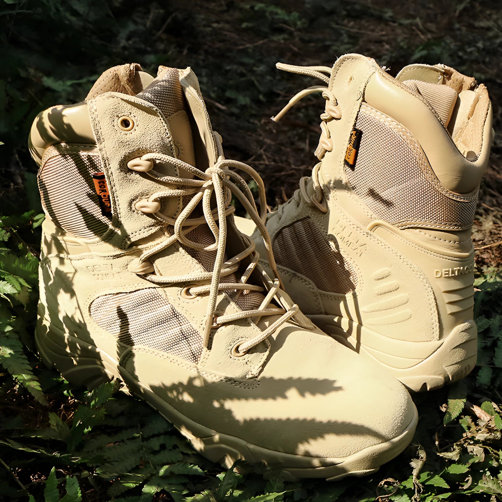 Lightweight beige tactical boots designed for breathable comfort in military combat situations, ideal for outdoor activities like hiking and cross-training.