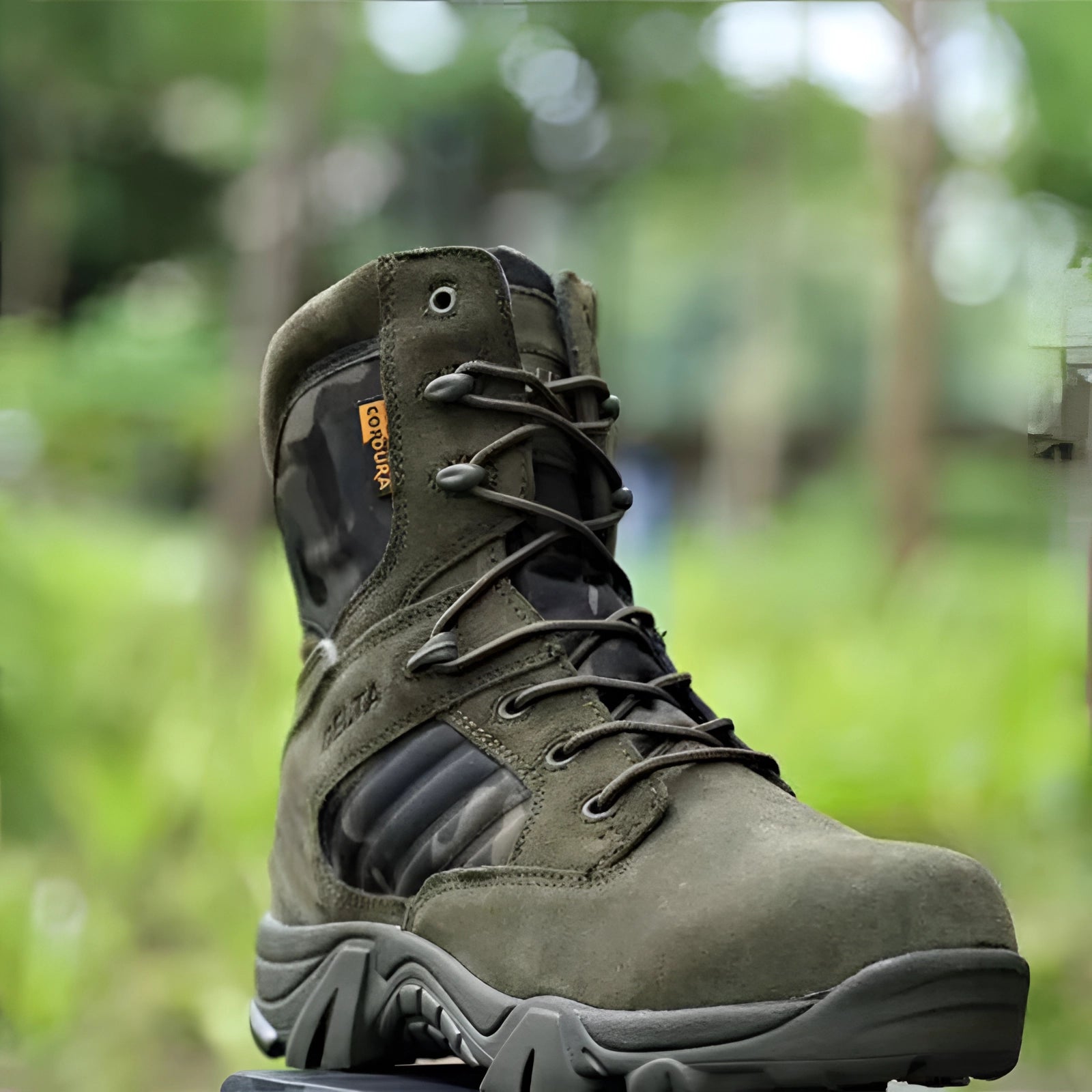 Lightweight beige tactical boots designed for military combat, featuring breathable material suitable for outdoor activities and hiking on grass.