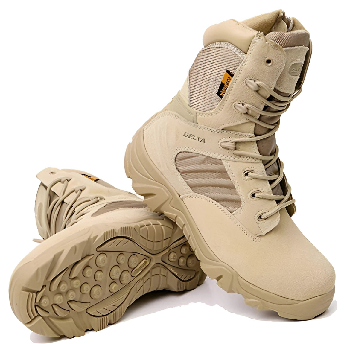 Lightweight beige tactical boots featuring a breathable design, suitable for military combat and outdoor activities.