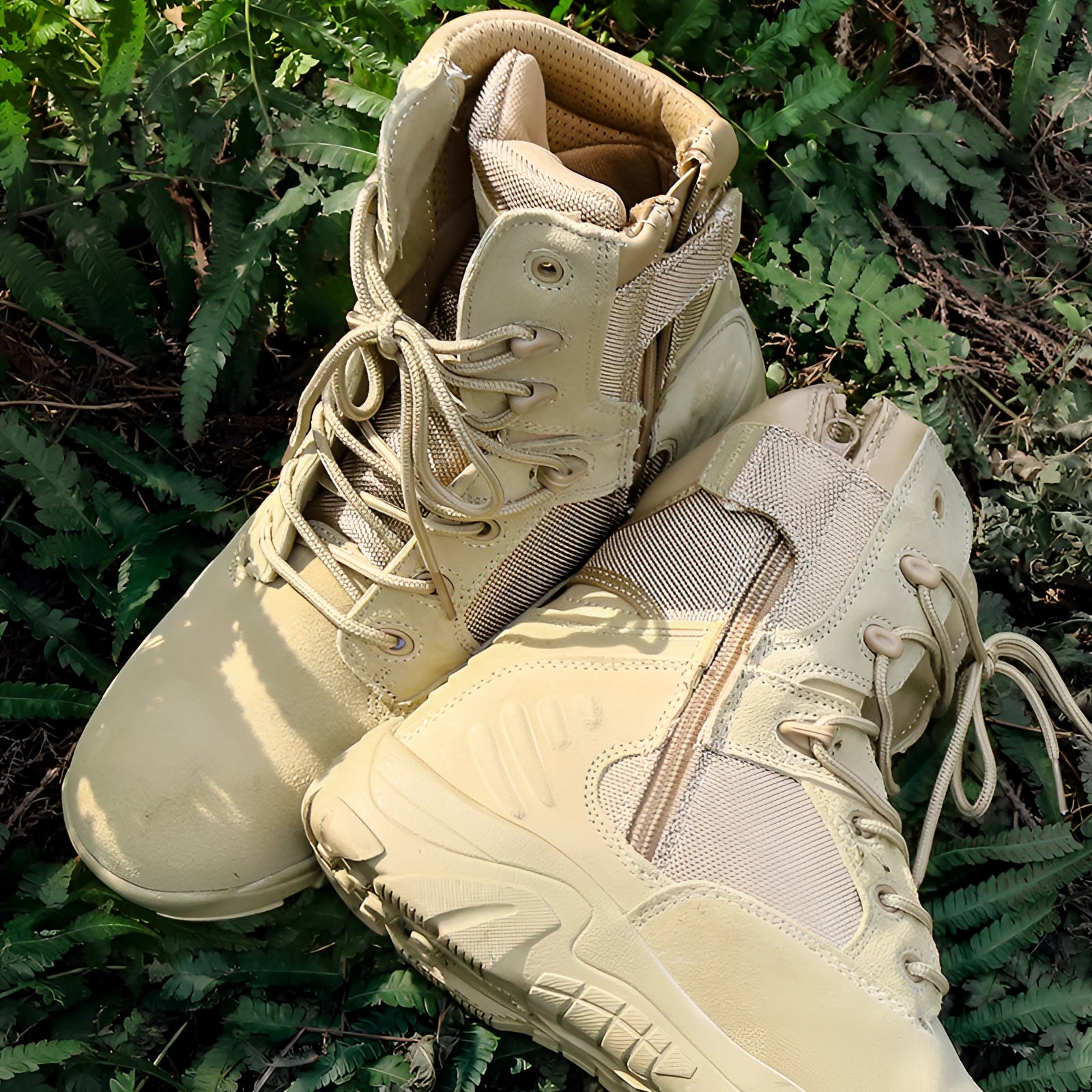 Lightweight beige tactical boots for military combat, shown outdoors on grass.