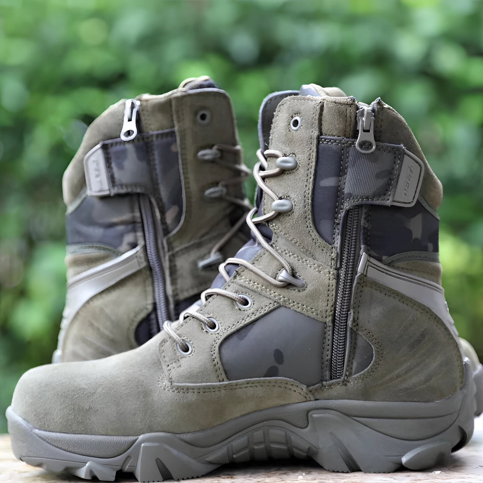 Lightweight beige tactical boots for military combat, featuring breathable material, shown on grass.