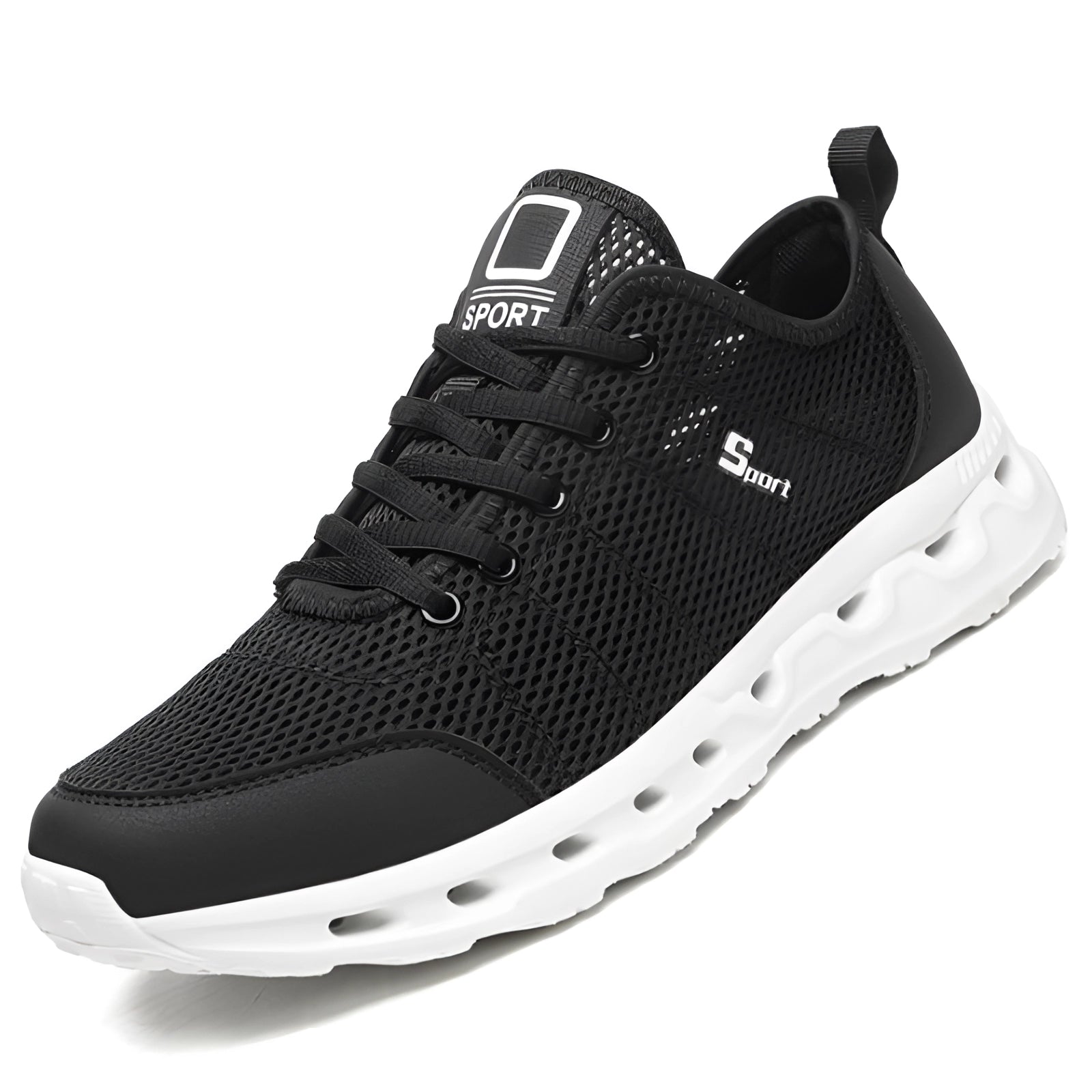 Lightweight breathable mesh running shoes in black and white, cushioned and durable, suitable for outdoor activities and walking.