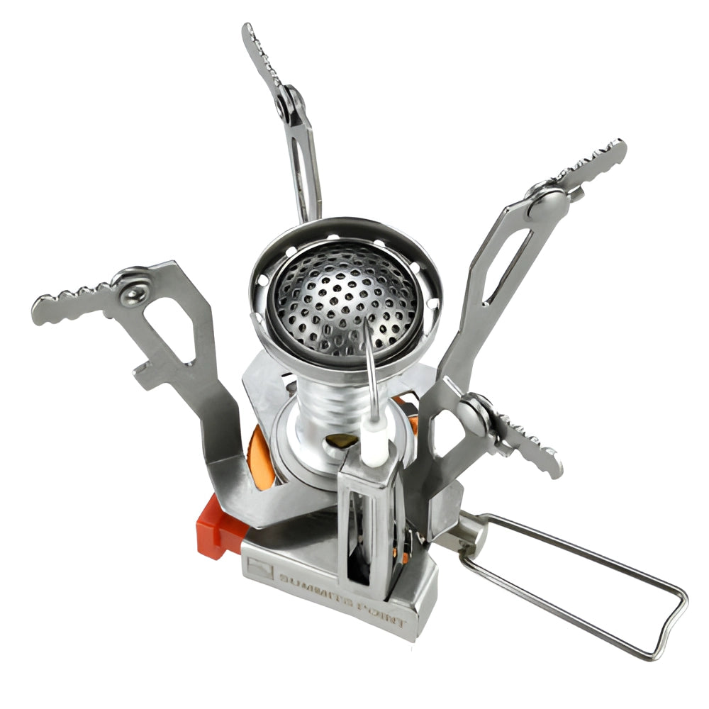 Lightweight foldable camping stove made of durable metal, ideal for hiking and outdoor cooking.