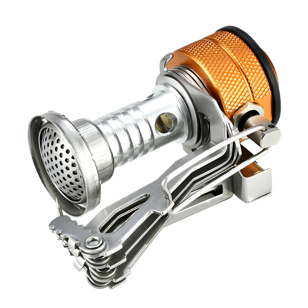 Lightweight foldable camping stove with metal frame and gas cylinder.