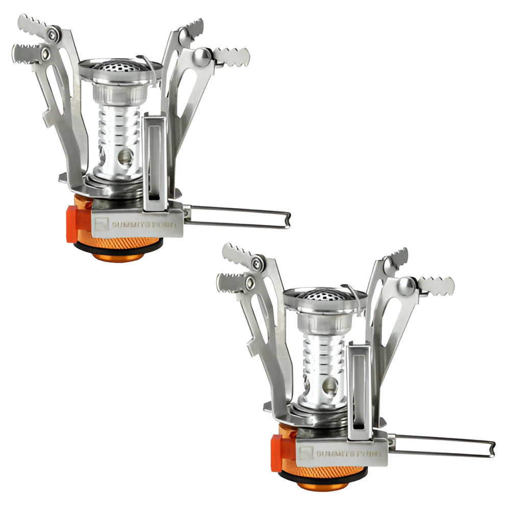 Lightweight foldable camping stove made of metal, featuring gas operation suitable for portable hiking and outdoor cooking.