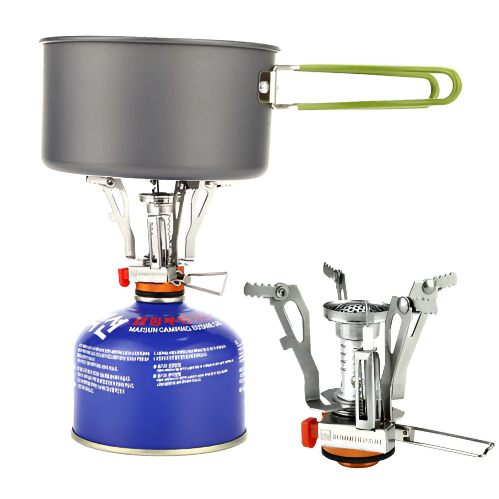 Lightweight foldable camping stove for portable hiking and outdoor cooking, featuring a compact cylinder design suitable for gas canisters.