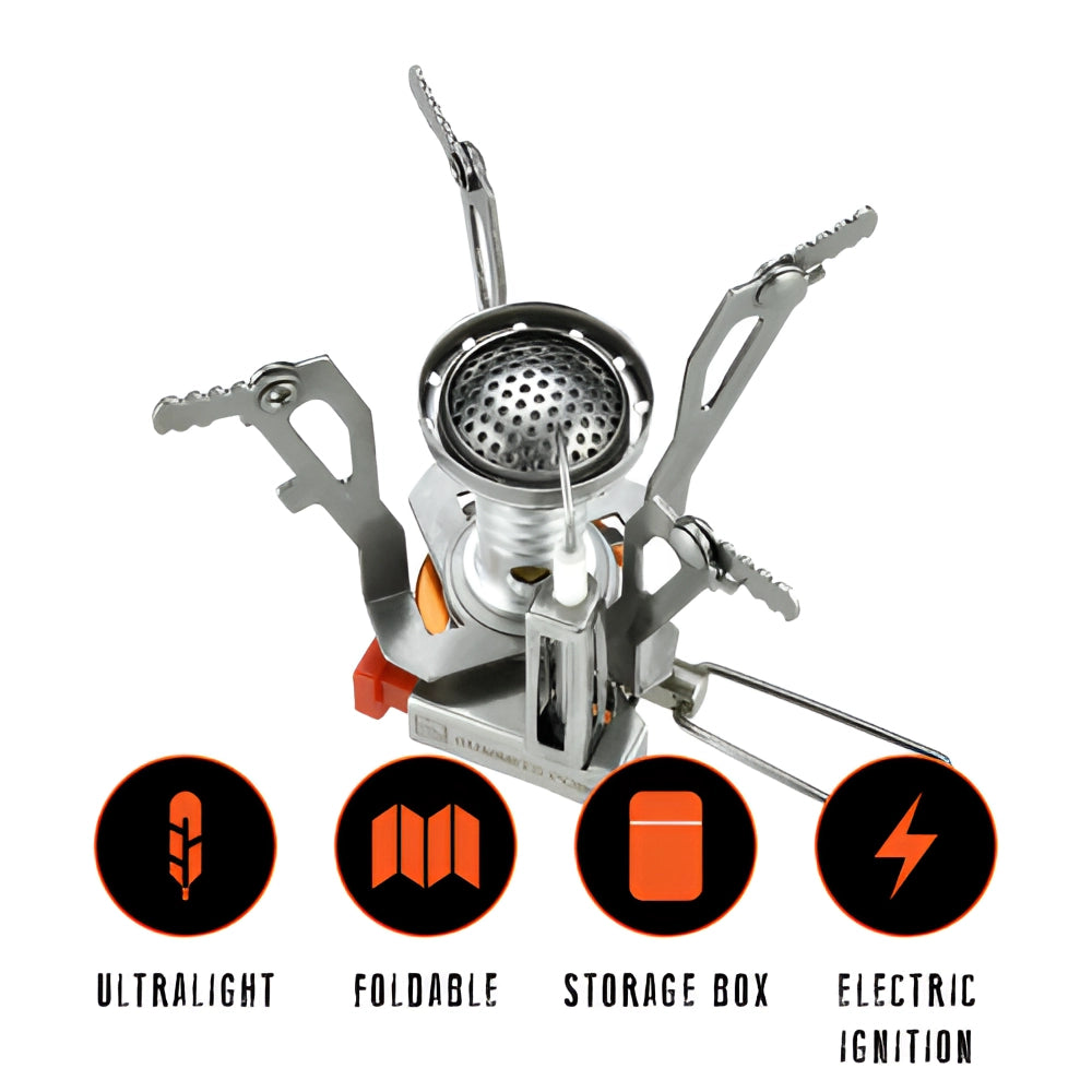 Lightweight foldable camping stove with a compact design, suitable for portable hiking and outdoor cooking.