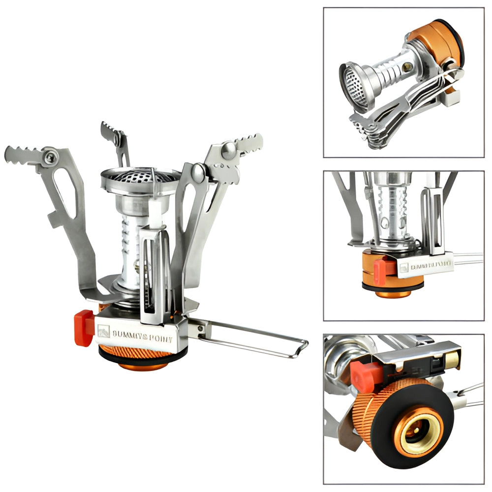 Lightweight foldable camping stove for portable hiking and outdoor cooking, shown folded with metal components and compact design.