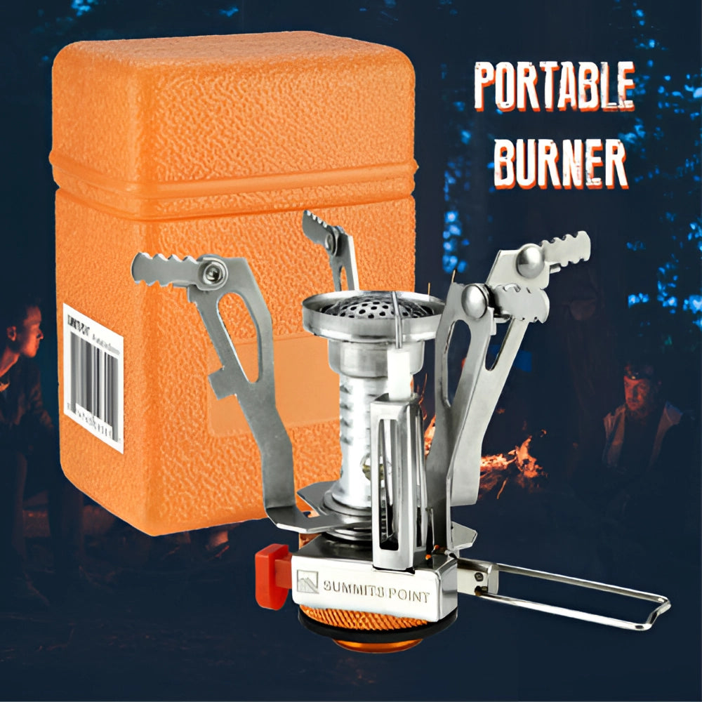 Lightweight foldable camping stove for portable hiking and outdoor cooking with compact design and gas burner.