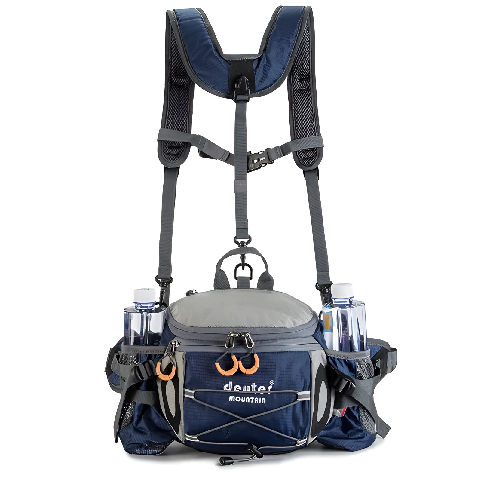 Lightweight hydration backpack for trail running, featuring electric blue color, equipped with adjustable straps and two hydration bottles, designed for comfort and convenience during outdoor activities.