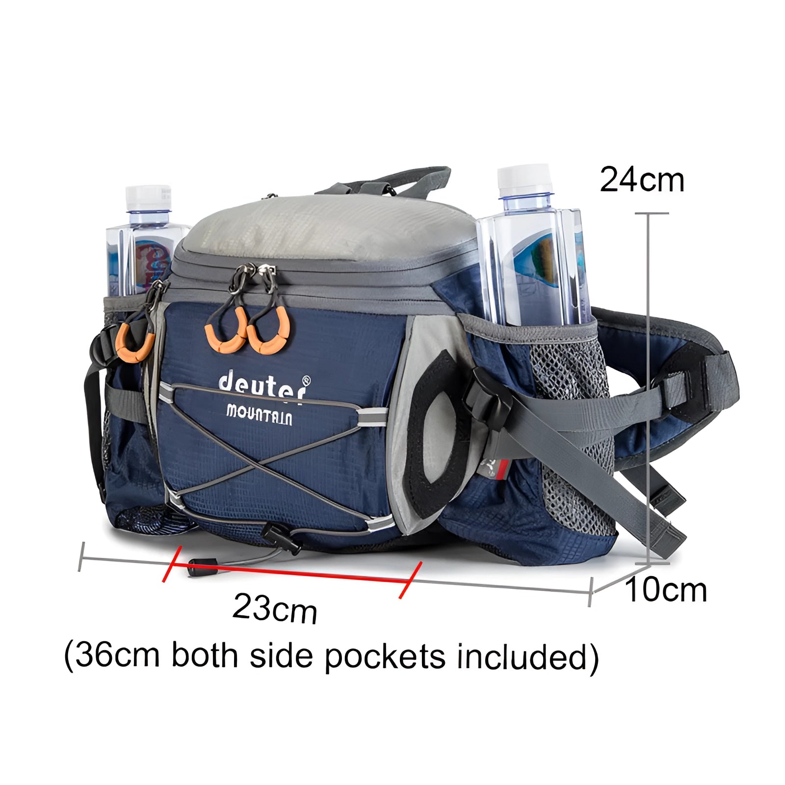 A lightweight hydration backpack designed for trail running, featuring adjustable straps and pockets, and includes two water bottles for easy access during intense activities. The backpack is designed in a sleek electric blue color with durable plastic elements for a comfortable and practical fit.