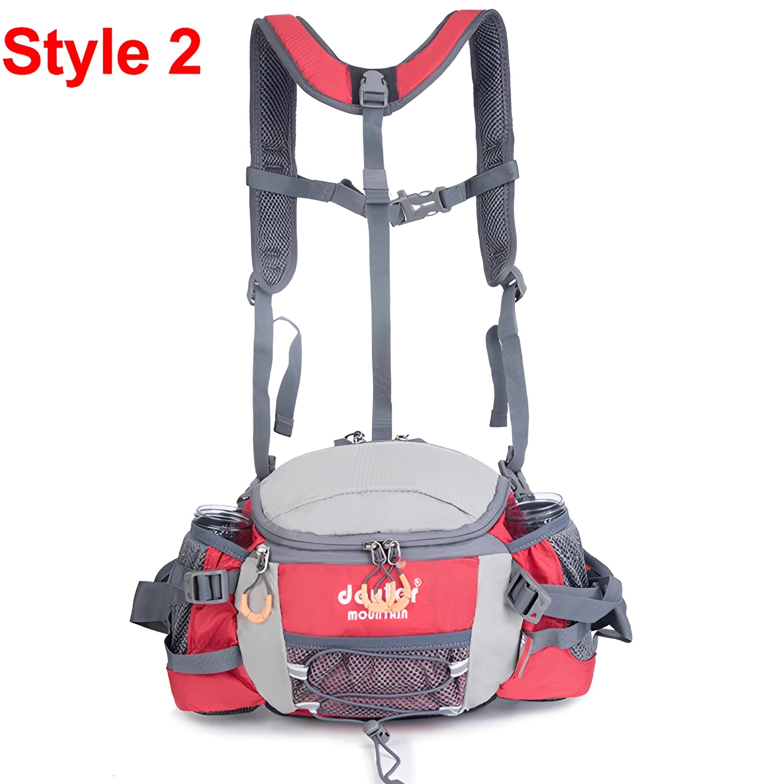 Lightweight red hydration backpack with bottles designed for trail running, featuring adjustable straps and durable material for comfort and functionality.