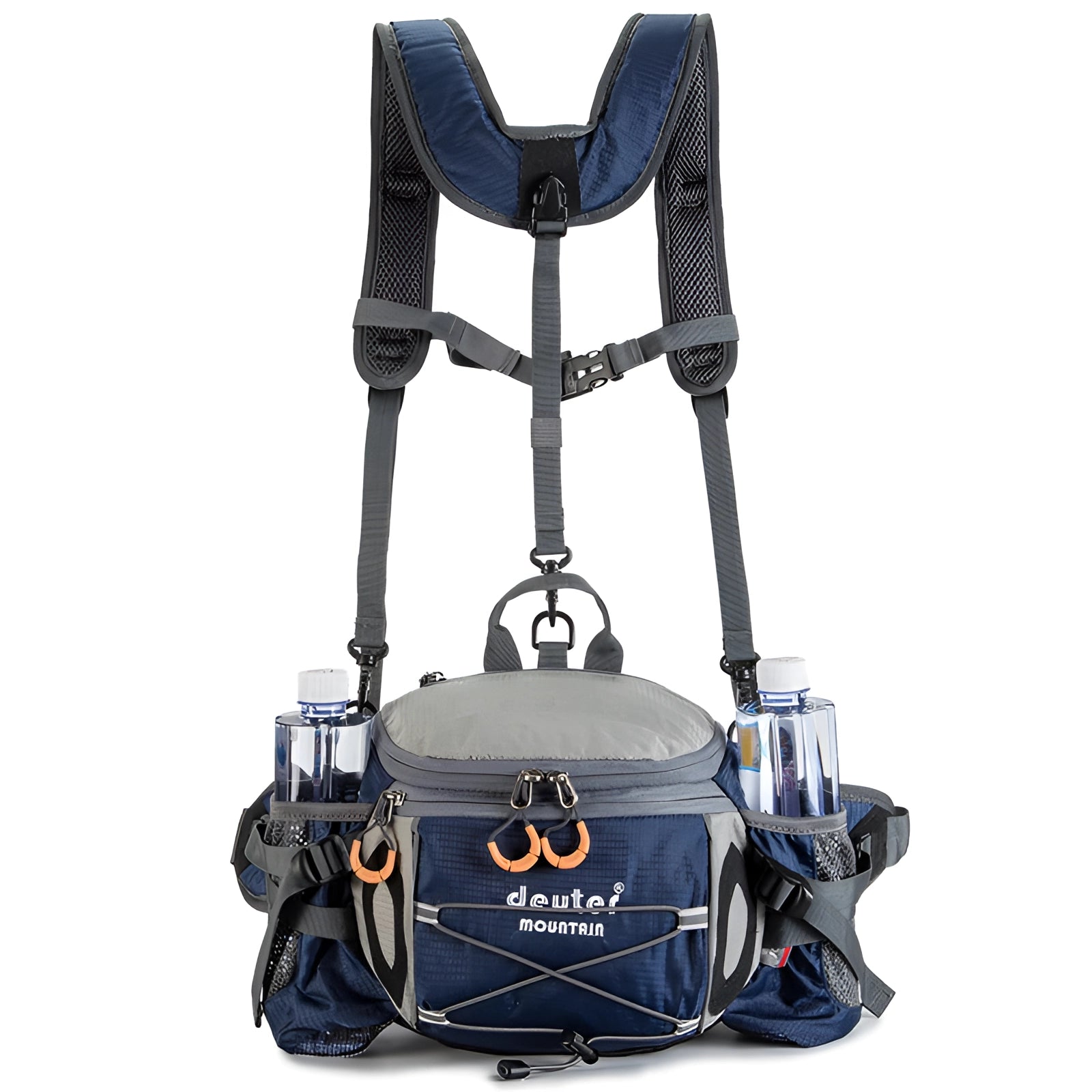 Lightweight hydration backpack in deep blue color designed for trail running, featuring adjustable straps and including water bottles, shown with a focus on its ergonomic design and practicality.