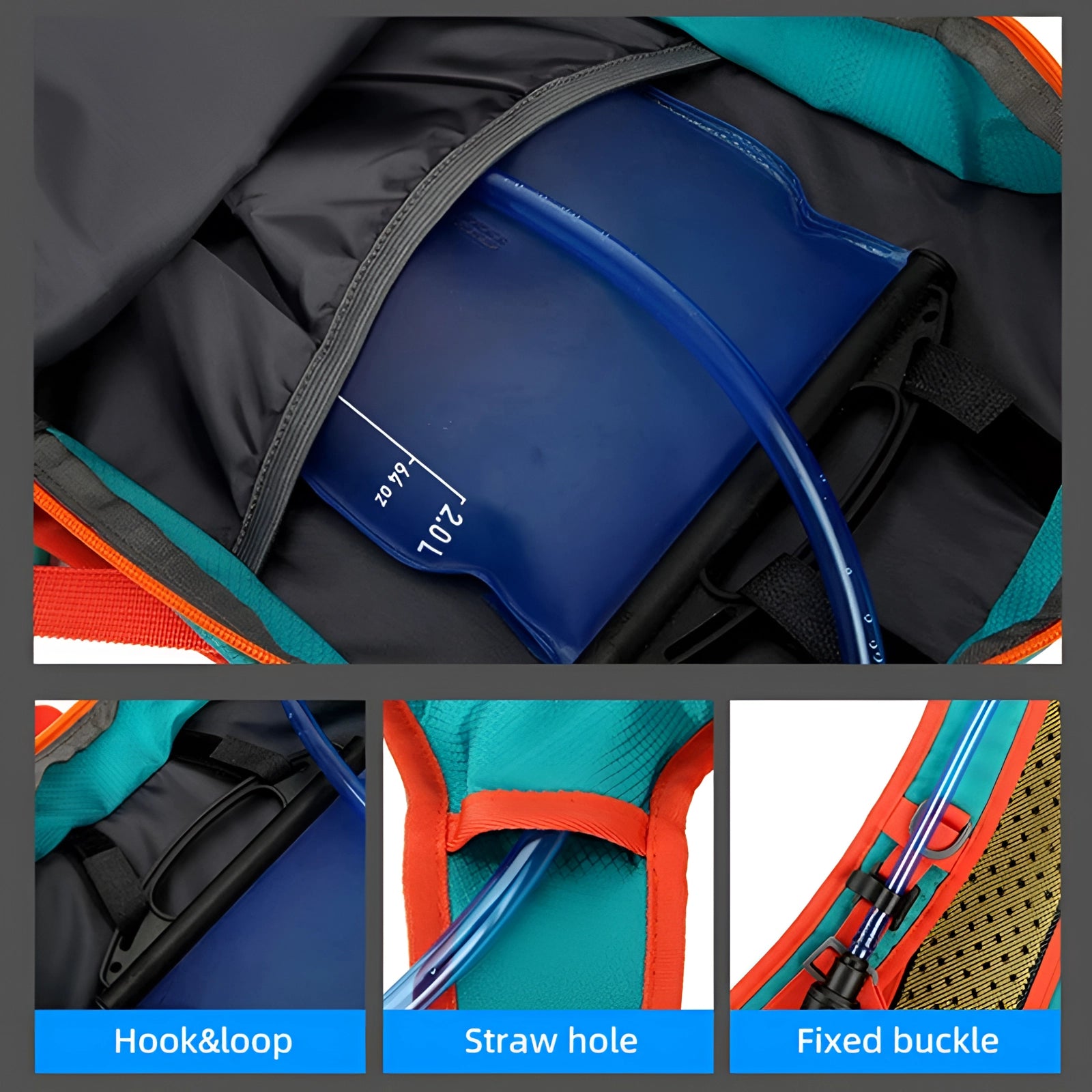 Lightweight hydration hiking backpack with a ventilated back panel, featuring a durable textile construction and multiple compartments for organization.