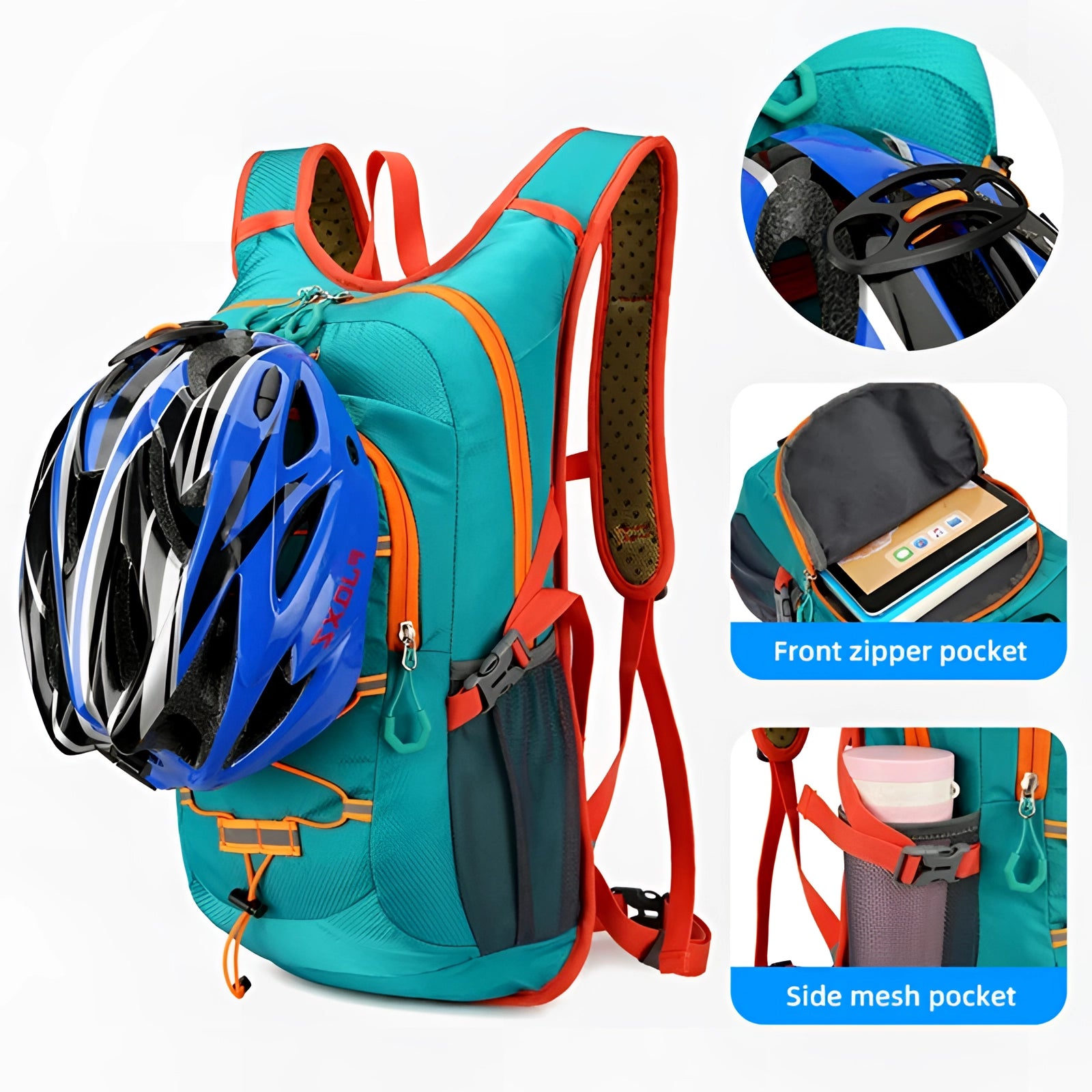 Lightweight hydration hiking backpack with ventilated back panel displayed upright, showing multiple compartments and secure straps, suitable for outdoor sports and cycling activities.