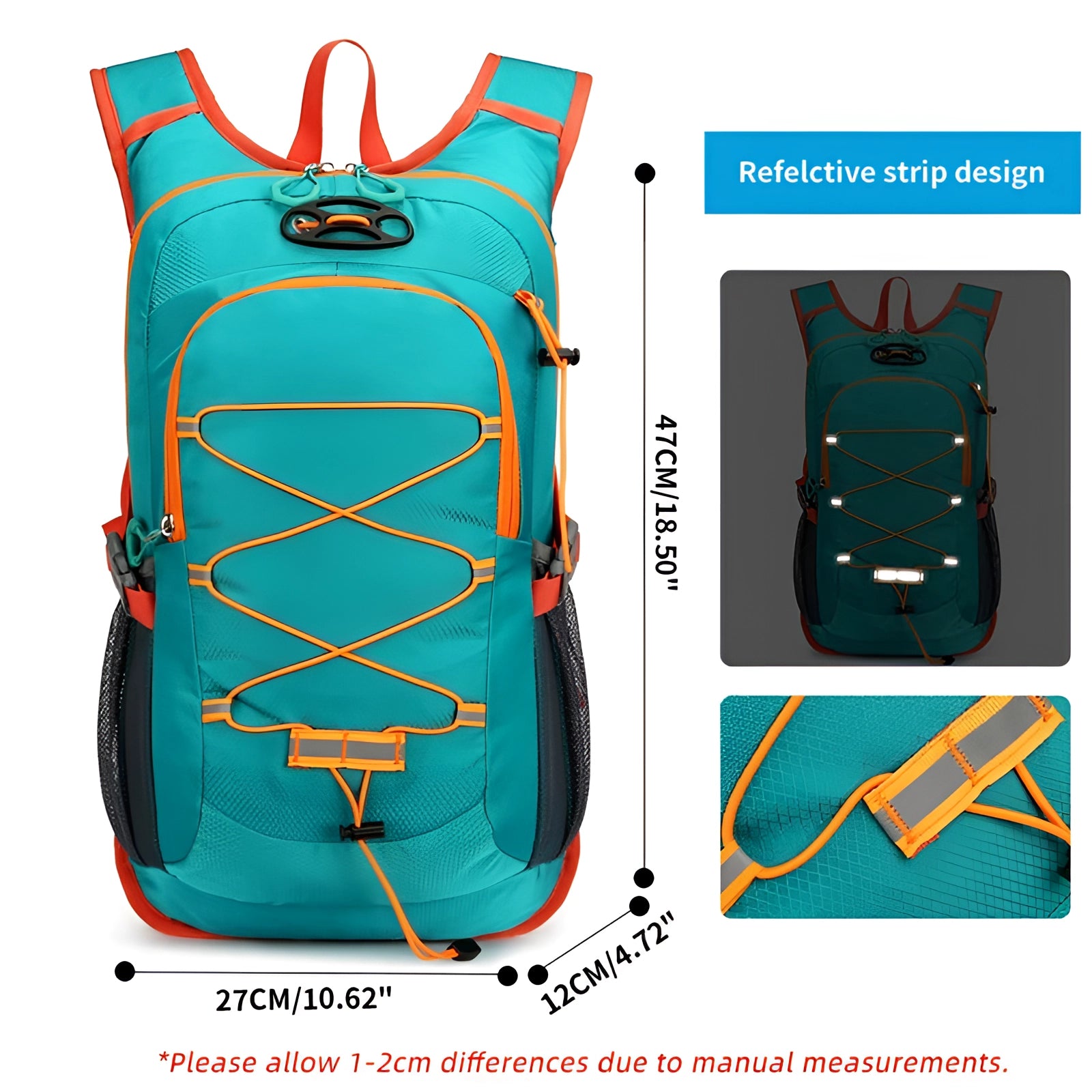 Lightweight hydration hiking backpack in aqua color with ventilated back panel, designed for outdoor activities and equipped with multiple compartments for gear storage.