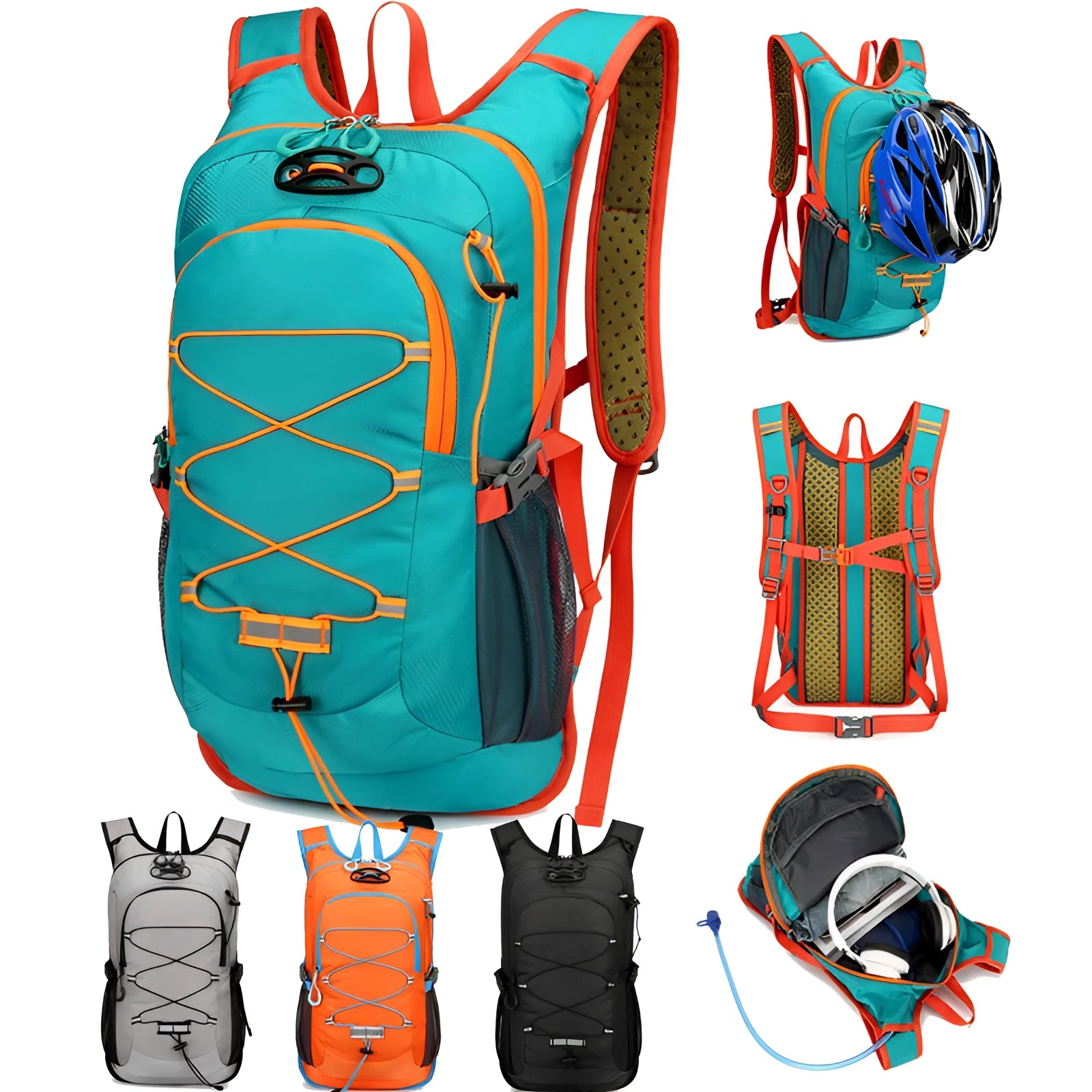 A lightweight hydration hiking backpack in green and black with a ventilated back panel, featuring multiple compartments and adjustable straps.