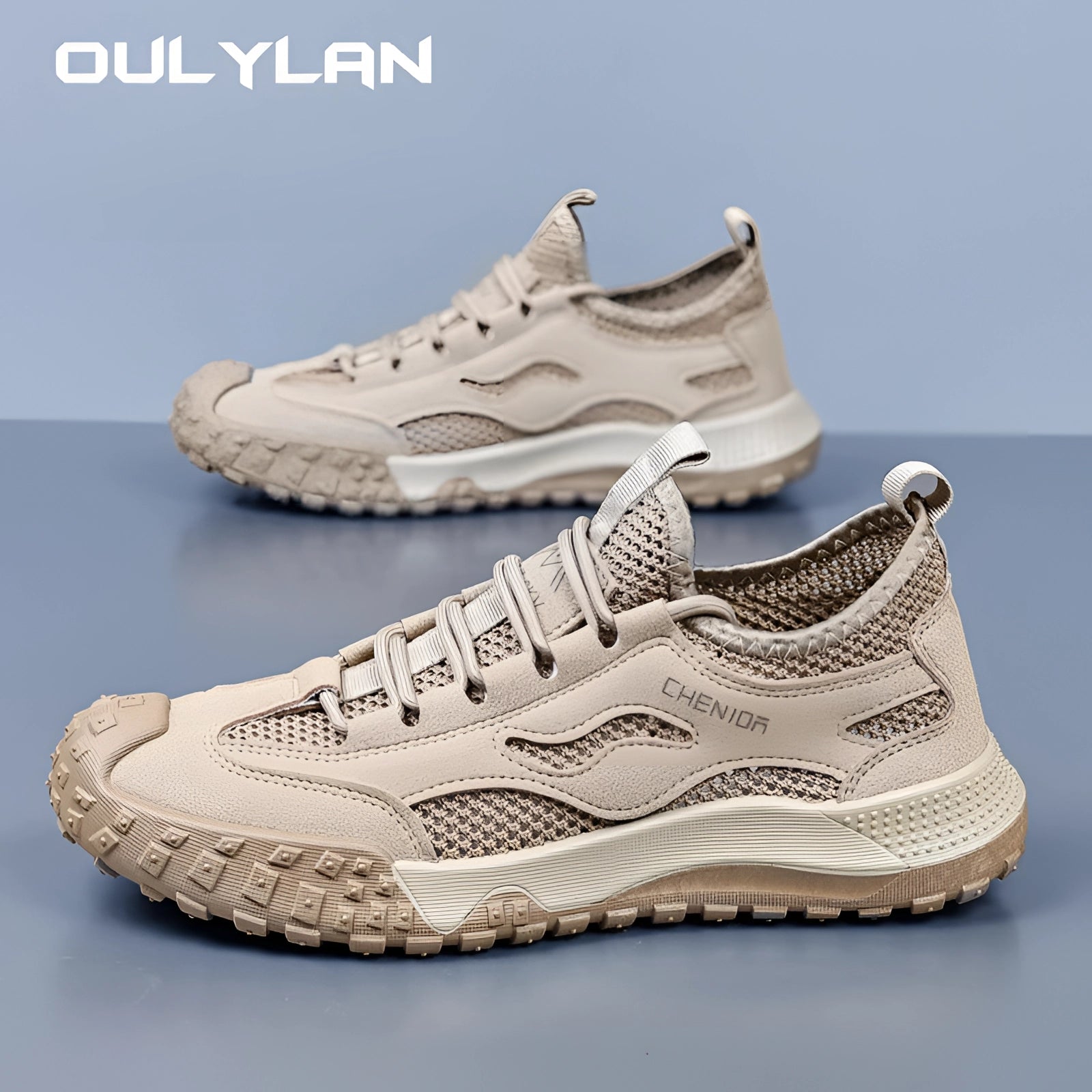 Lightweight men's breathable hiking shoes in sand color, size 40. The all-terrain sneakers feature a rugged design suitable for walking and sports activities.