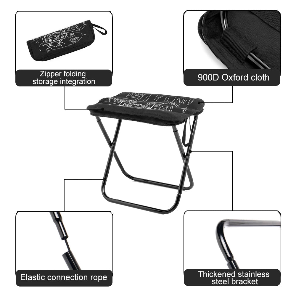 A lightweight, portable folding camping stool with a compact design suitable for travel, featuring a simple rectangular seat and sturdy support structure.